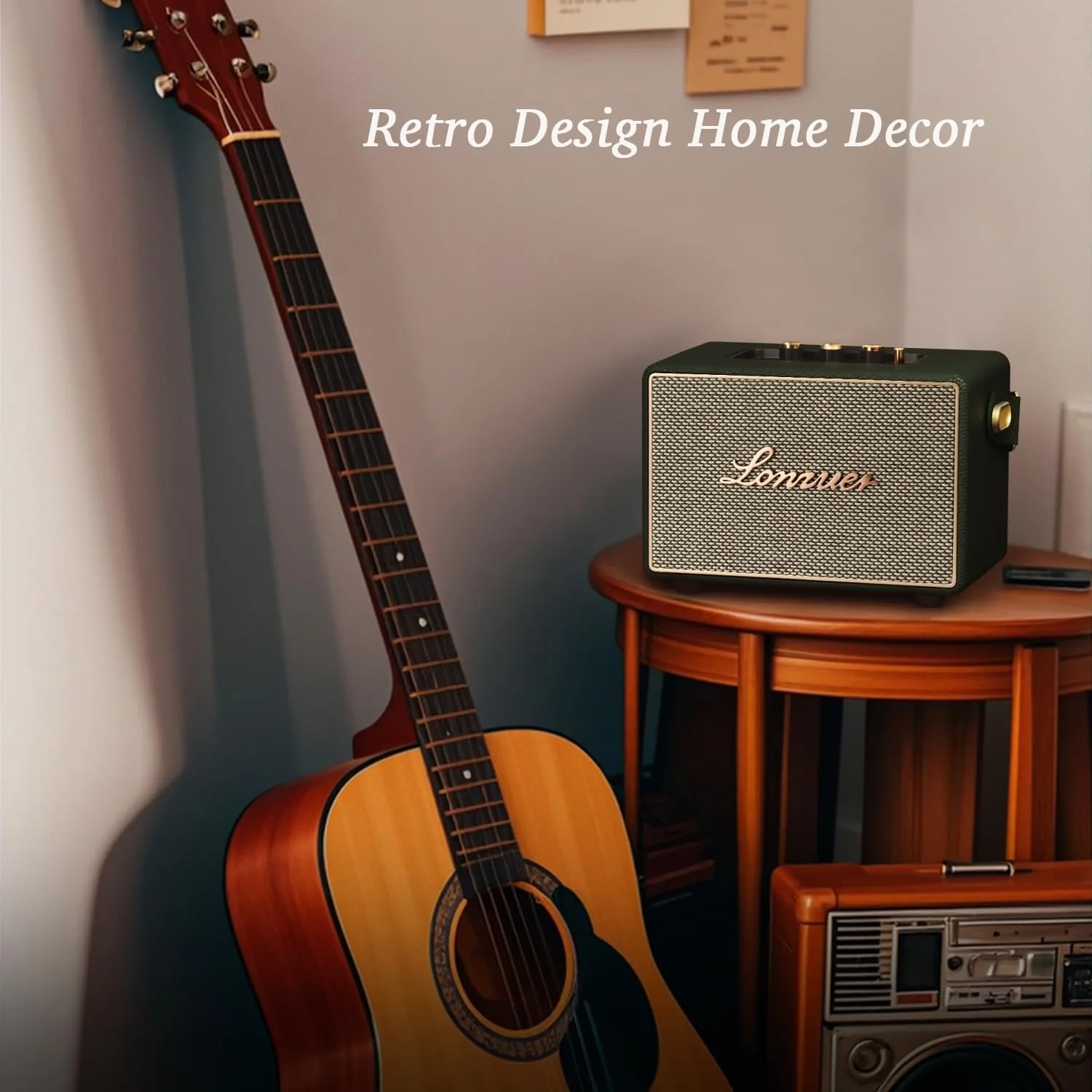 Vintage Home Decor Wireless Bluetooth Wooden Carrying Portable Speaker Deep Bass with Fabric Grill Leather Strap Handle-Green