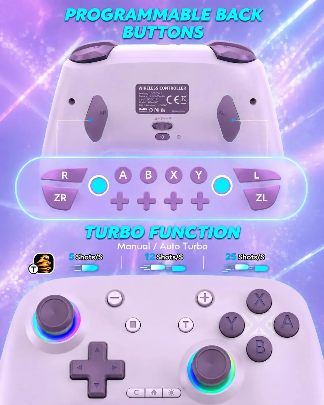 Switch Controller, Wireless Bluetooth Controller for Nintendo Switch 2/Switch/Lite/OLED, game controllers Compatible with iPhone/Mac/iPad/iOS/Android/Phone/PC/Steam and TV with Rotary Motors, RGB Hall Effect Joysticks/Macro Back Buttons/Turbo Modes/6-Axis/Motion/Wake up (Purple)