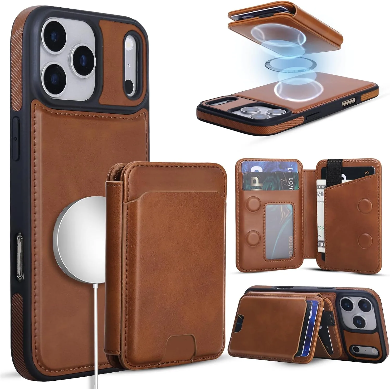 Magnetic Detachable Wallet Case for iPhone 18/17 Pro Max with Kickstand,2-in-1 MagSafe Compatible RFID Blocking Card Holder,Slim PU Leather Cover Brown
