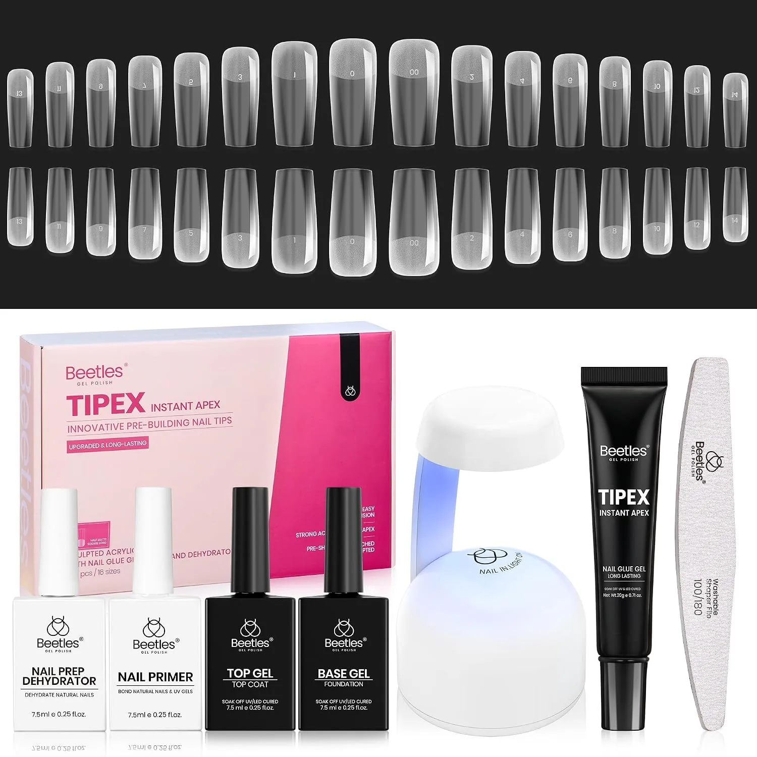 Beetles Tipex Instant Apex Nail Tips Kit, Long Square, 224pcs 16 Sizes