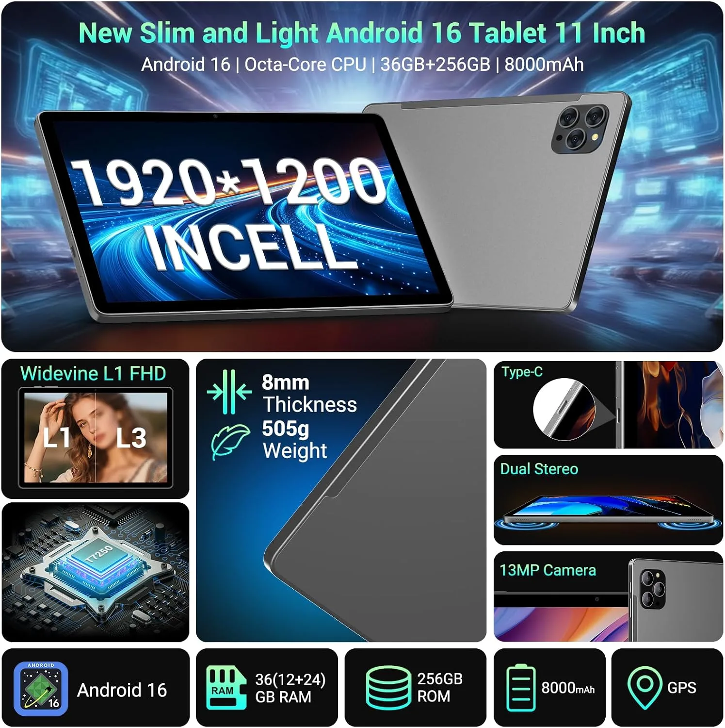 11 Inch Tablet Android 16 Tablet with Gemini AI, 2K FHD Display Tablets, 36GB RAM 256GB ROM, Octa-Core T615, 2-in-1 with Keyboard, 8000mAh,5G WiFi&16MP Camera, Widevine L1 for Stream Gray