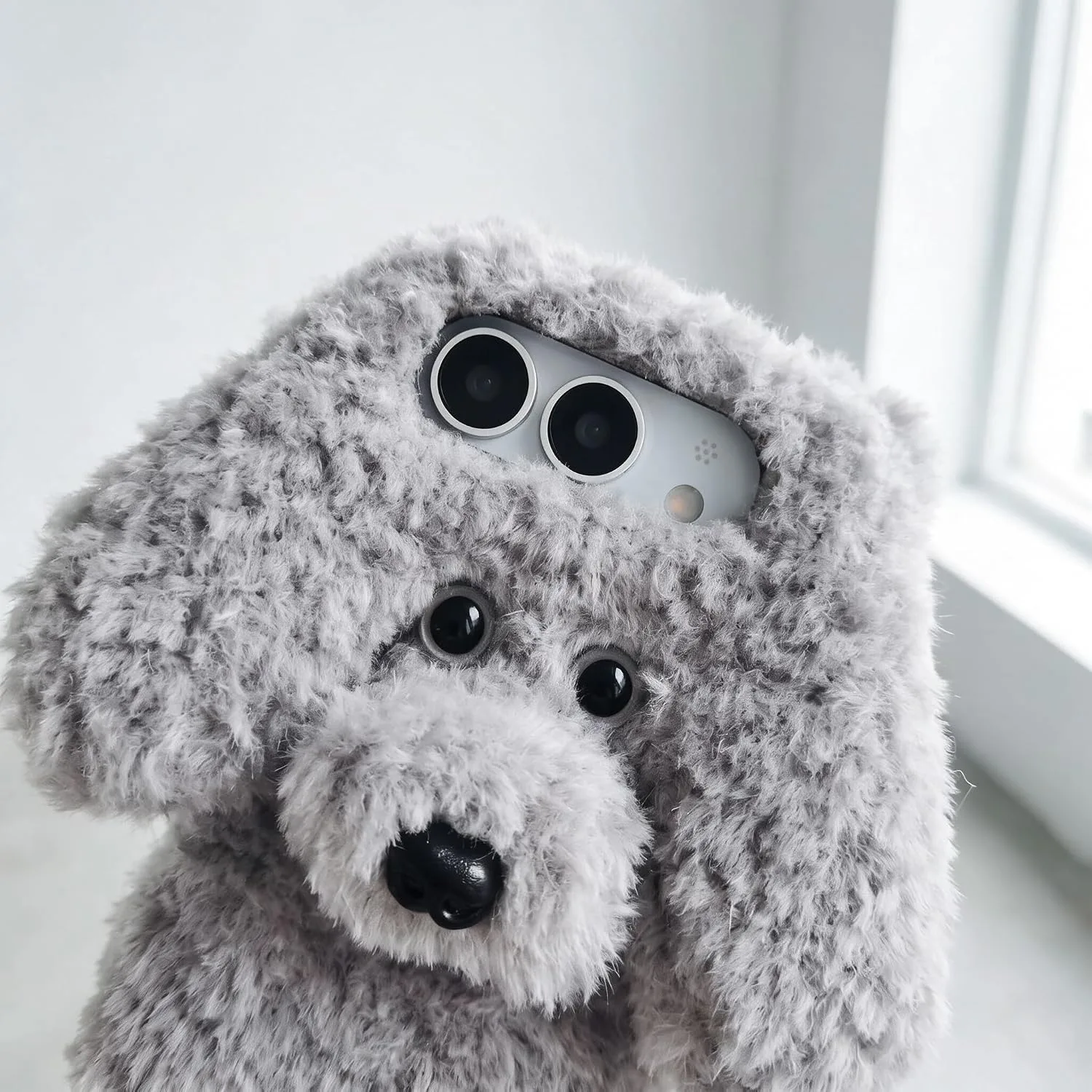 Losin for iPhone Duo Plush Furry Dog Cartoon Case, Gray