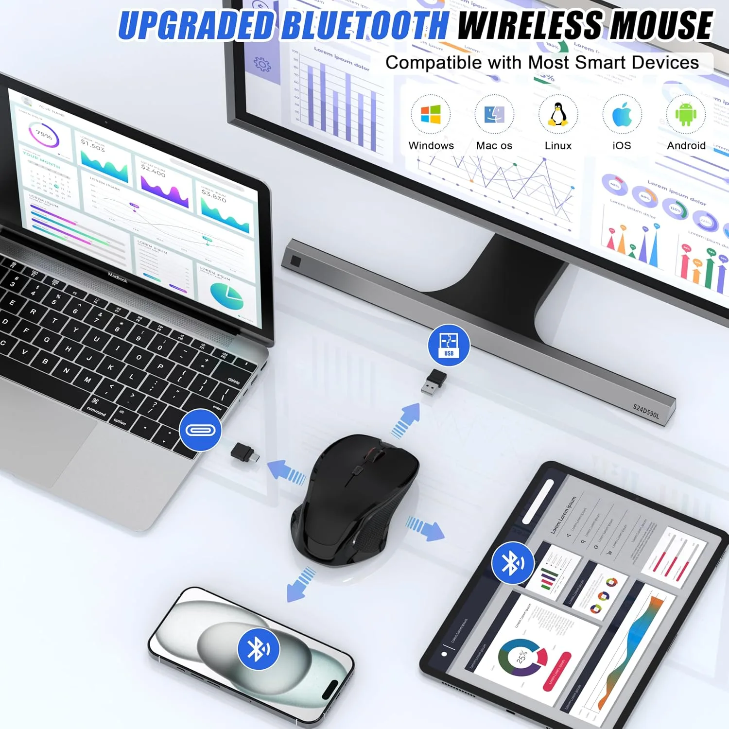 Wireless Bluetooth Mouse for Mac Pro MacBook Air, Rechargeable Mice with Jiggler Mouse, 3 Mode Switch Bluetooth 5.2/3.0 & 2.4G USB-A/USB-C Receiver, Optical Silent Mouse for iPad PC Laptop, Black