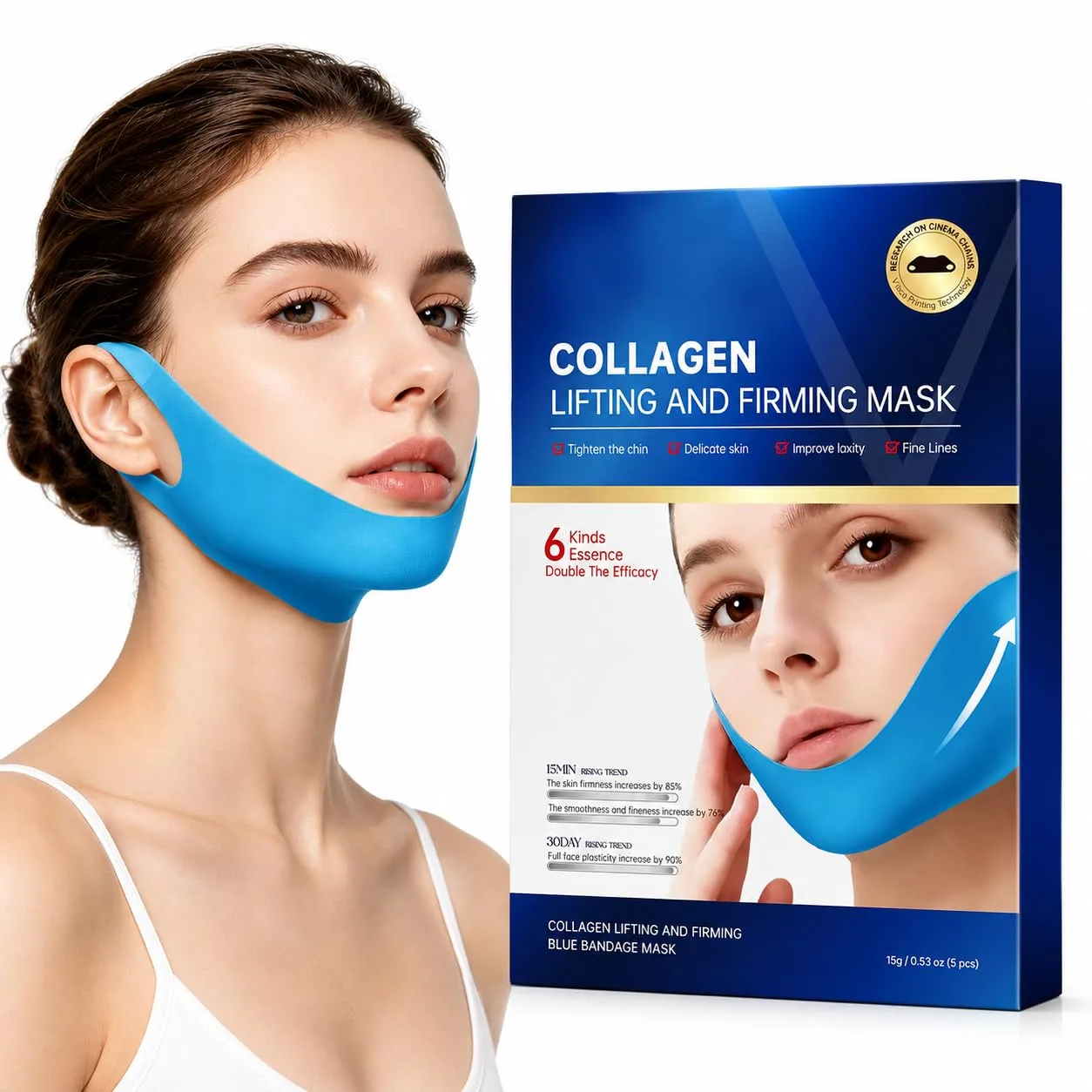 V Line Lifting Collagen Mask, 5 Pcs Double Chin Reducer & Jawline Care Blue