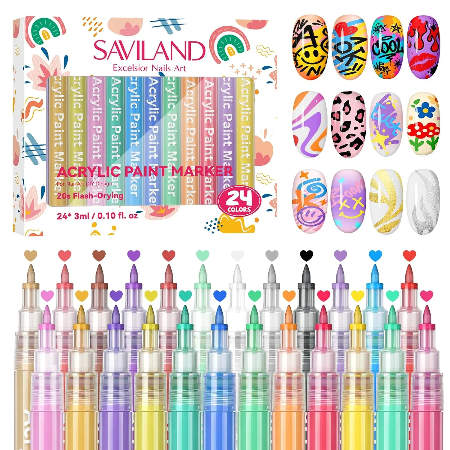 Set de 24 colores de marcadores para arte en uñas Saviland punta fina 0.7mm