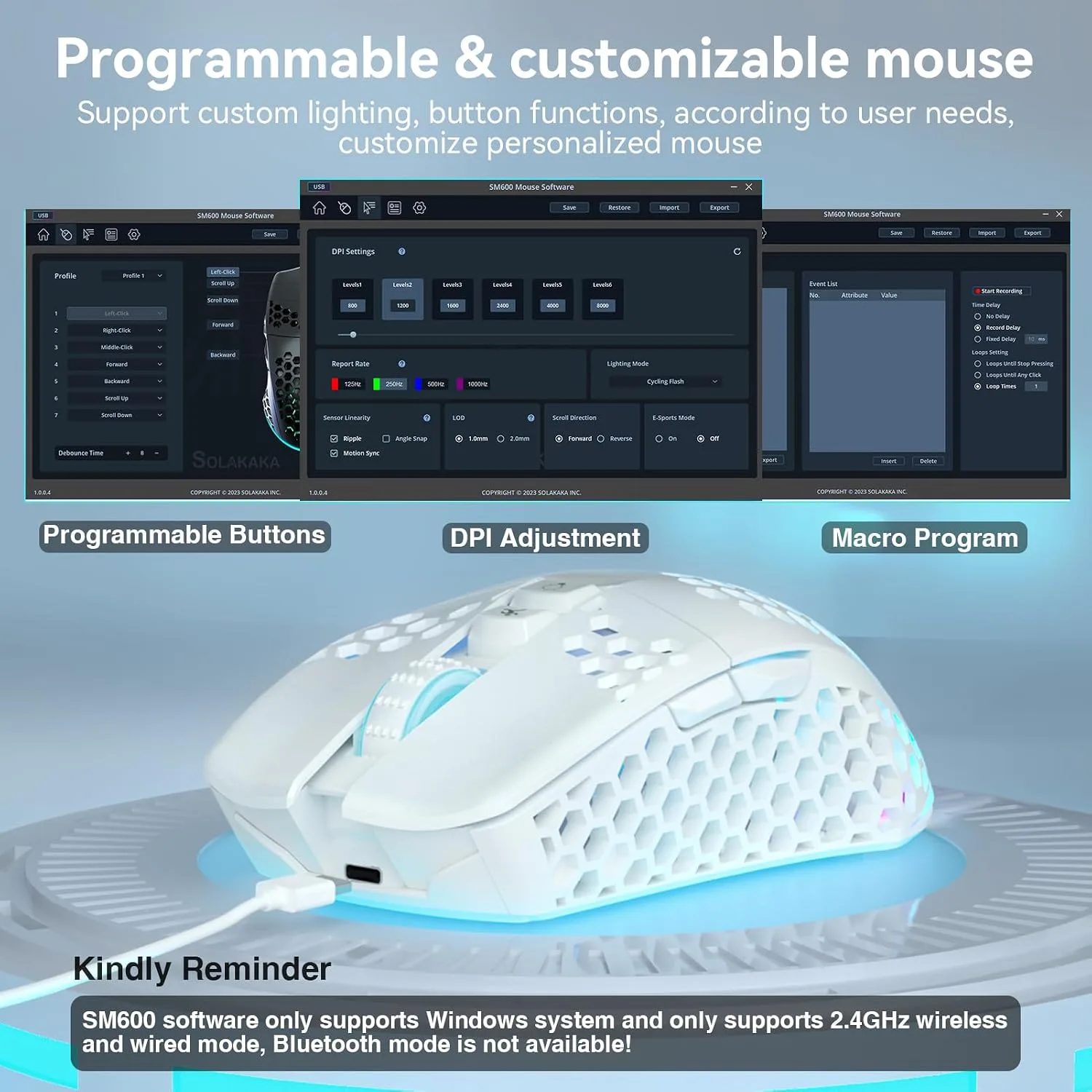 SOLAKAKA SM600 Wireless Gaming Mouse,Tri-Modes BT5.0/Type-C Wired/2.4G Wireless Mouse with 2 Side Buttons, Programmable Macro Gamer Mouse with RGB Light for Laptop/PC/Mac