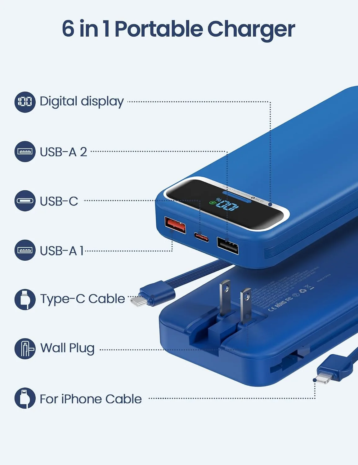 aonidi Portable Charger 12000mAh with Built-in Cables&AC Wall Plug, Navy