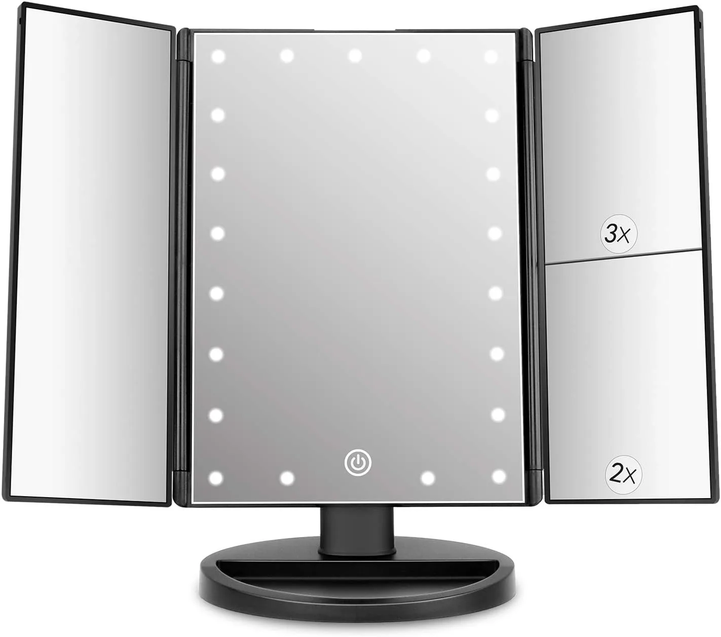 deweisn Tabletop Mount Trifold Lighted Vanity Mirror with 21 LED Lights, Touch Screen and 3X/2X/1X Magnification, Two Power Supply Mode Make up Mirror,Travel Mirror