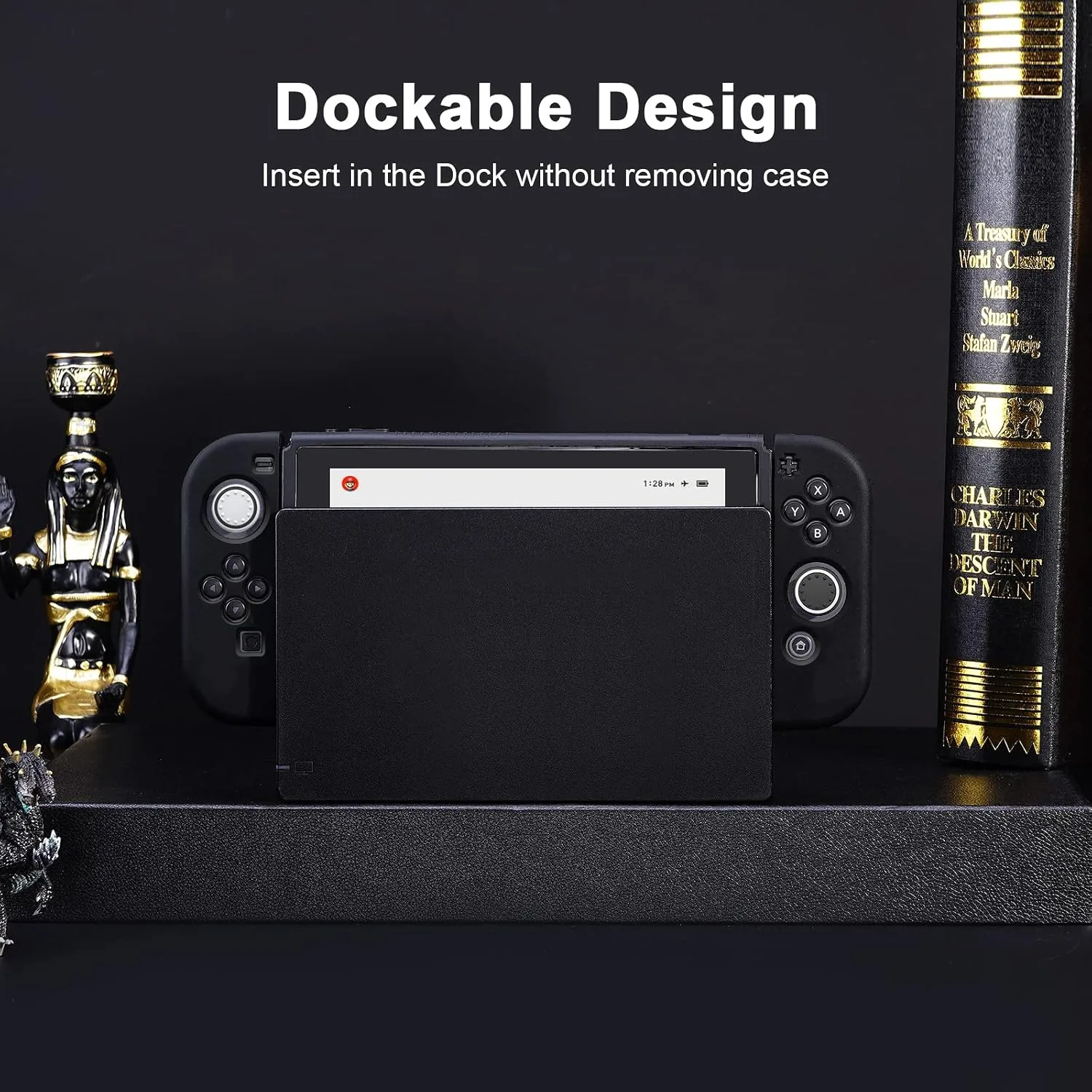 JINGDU Protective Case Compatible with Switch, Dockable TPU Cover Accessories for Console and Grip Joy-Con, The Switch Protector with 4 Thumb Grip Caps, Black