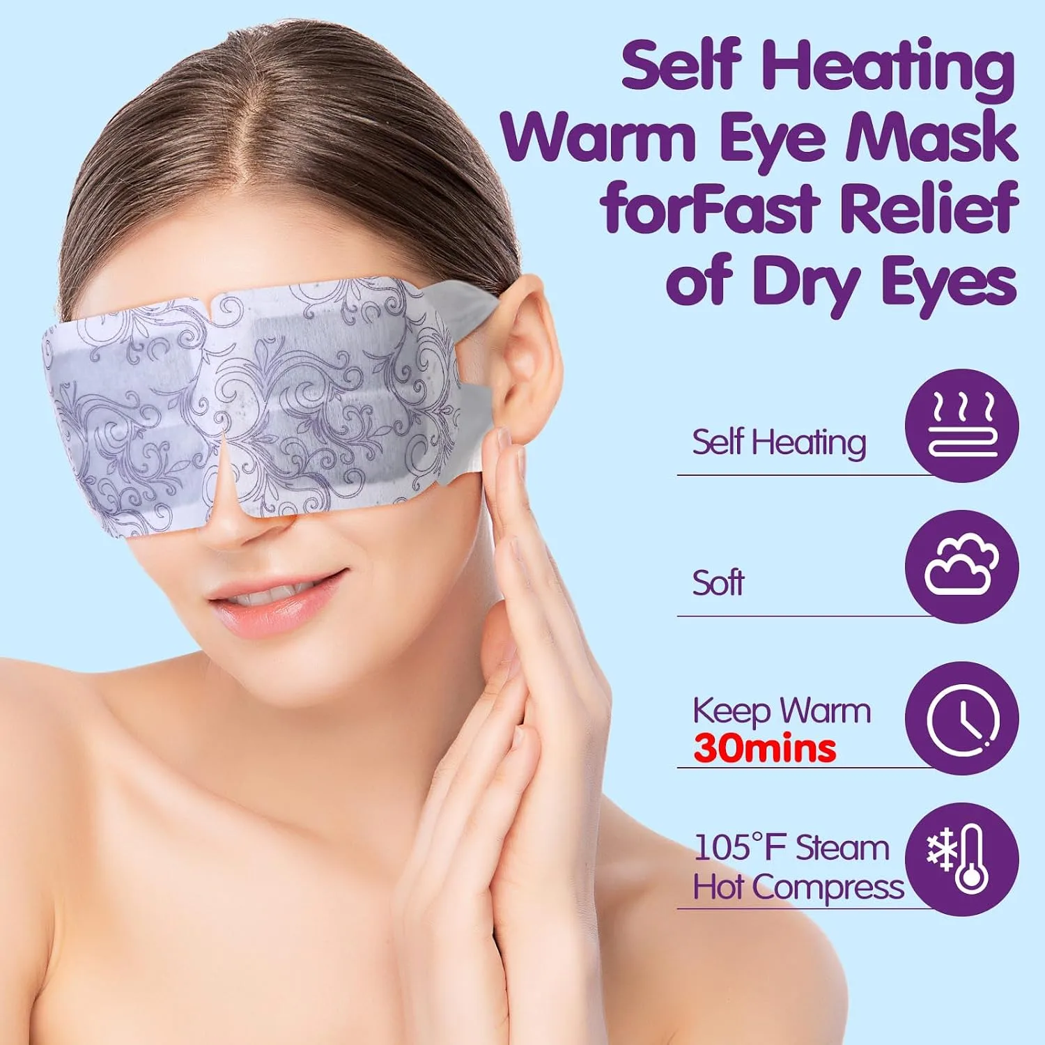 60 Pcs Self Heating Steam Eye Masks Disposable Heated Mask Bulk Individually Wrapped Warm Compress for Dry Eyes, Sleep, Travel, Spa and Relaxation (Lavender)