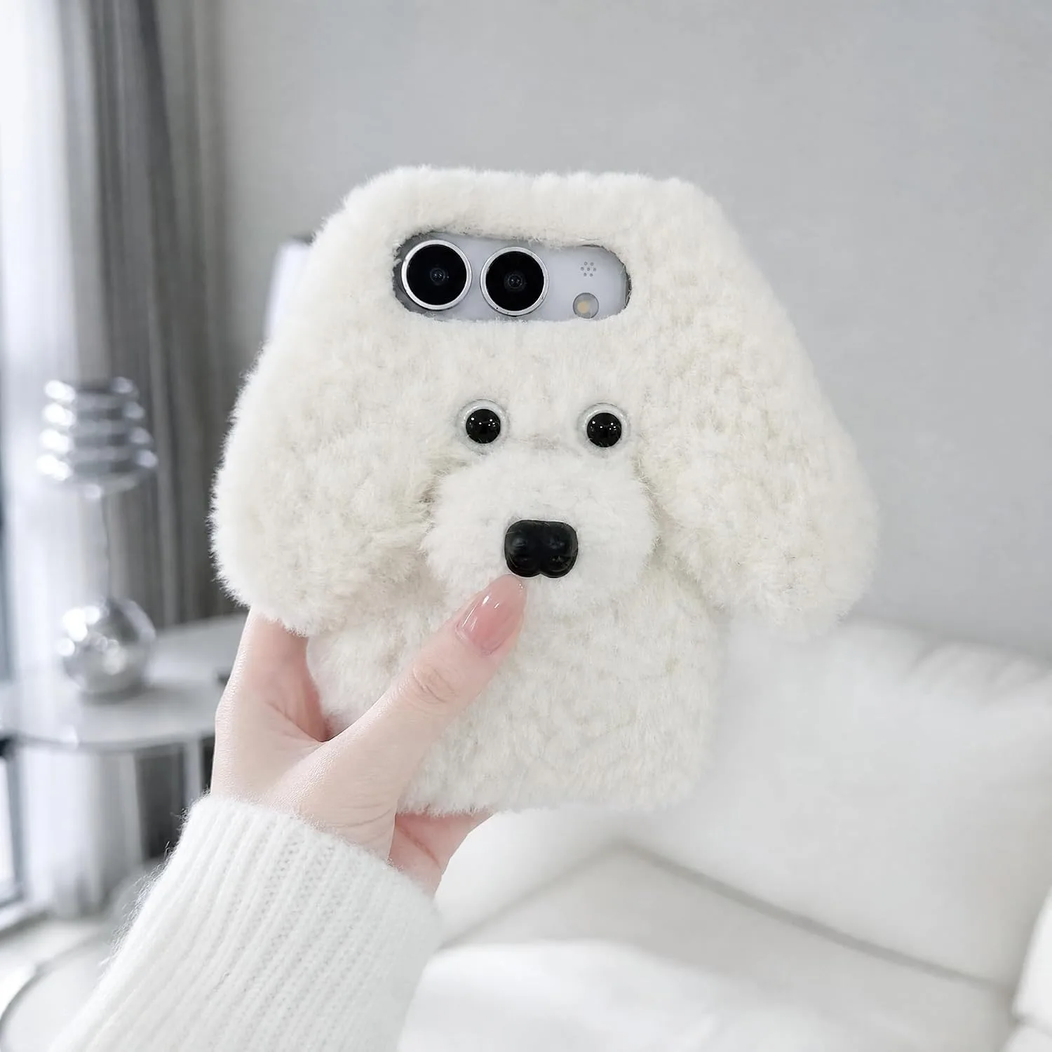 Losin for iPhone Duo Plush Furry Dog Cartoon Case, White