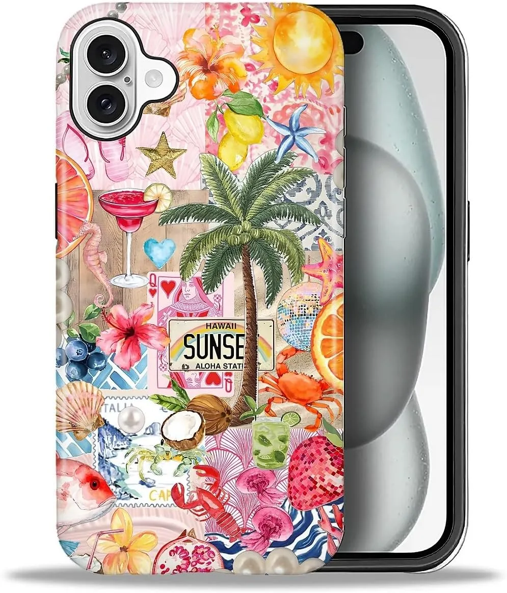 DAIZAG Case for iPhone 16,Mixed 2 Layer Design Shockproof Soft TPU Ddouble Protection Phone Case for iPhone 16-Aesthetic Summer Beach
