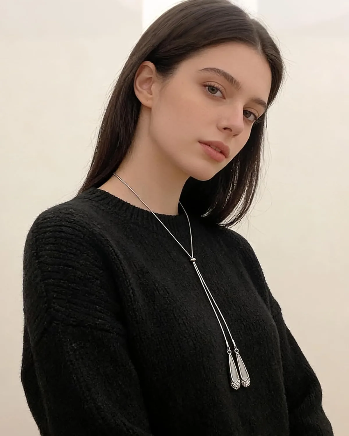 Silver Water Drop Necklace for Women Trendy Long Silver Lariat Necklace Adjustable Y Shaped Sweater Necklaces Fall Winter Outfit Jewelry Accessories