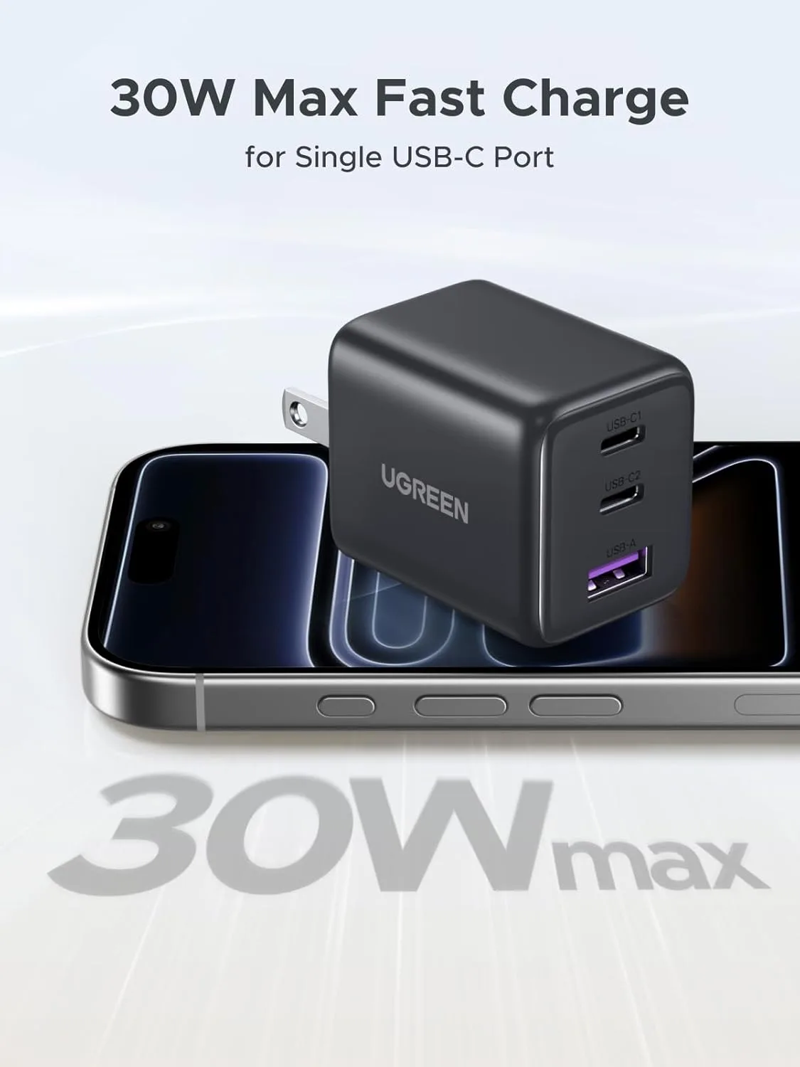 UGREEN 3-Port 30W USB C Charger Block, GaN II Type C Fast Charging, Black