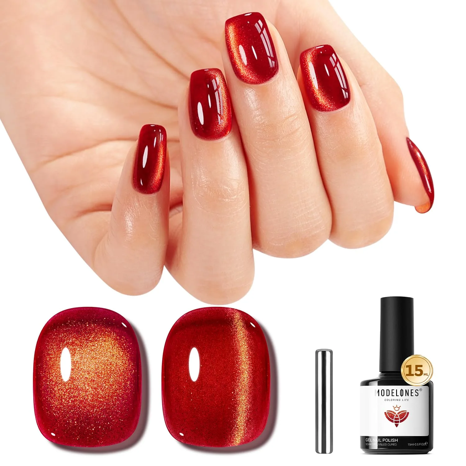 modelones Red Cat Eye Gel Nail Polish Glod Magnetic Glitter