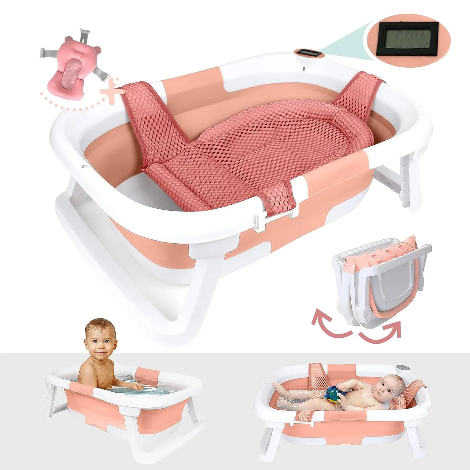 Bañera Bebeleh Plegable con Termómetro Rosa para Recién Nacido a Niño 0-24 Meses