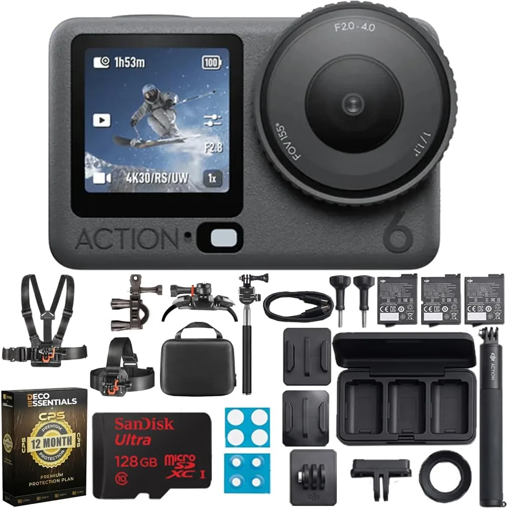 DJI Osmo Action 6 Adventure Combo, 4K120fps, 1/1.1" Sensor, f/2-f/4, 4h Battery Bundle with Deco Gear Action Kit + Sandisk 128GB Memory Card + CPS 1 Year Enhanced Protection Pack