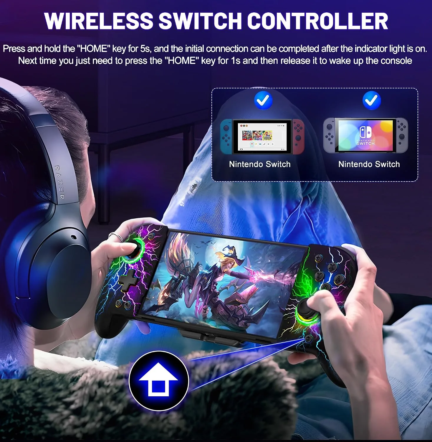 Gammeefy Switch Controller – Hall Effect Joysticks & Enhanced Grip – One Piece Switch Joypad Replacement Switch Pro Controller with 8-Color RGB Lighting, Turbo, Macros - Lightning, 6.2"/7"