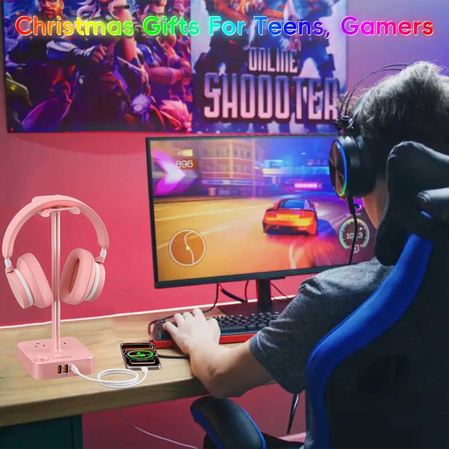 cozoo Headphone Stand with Charger, USB C, Gifts for Gamers Men, Pink