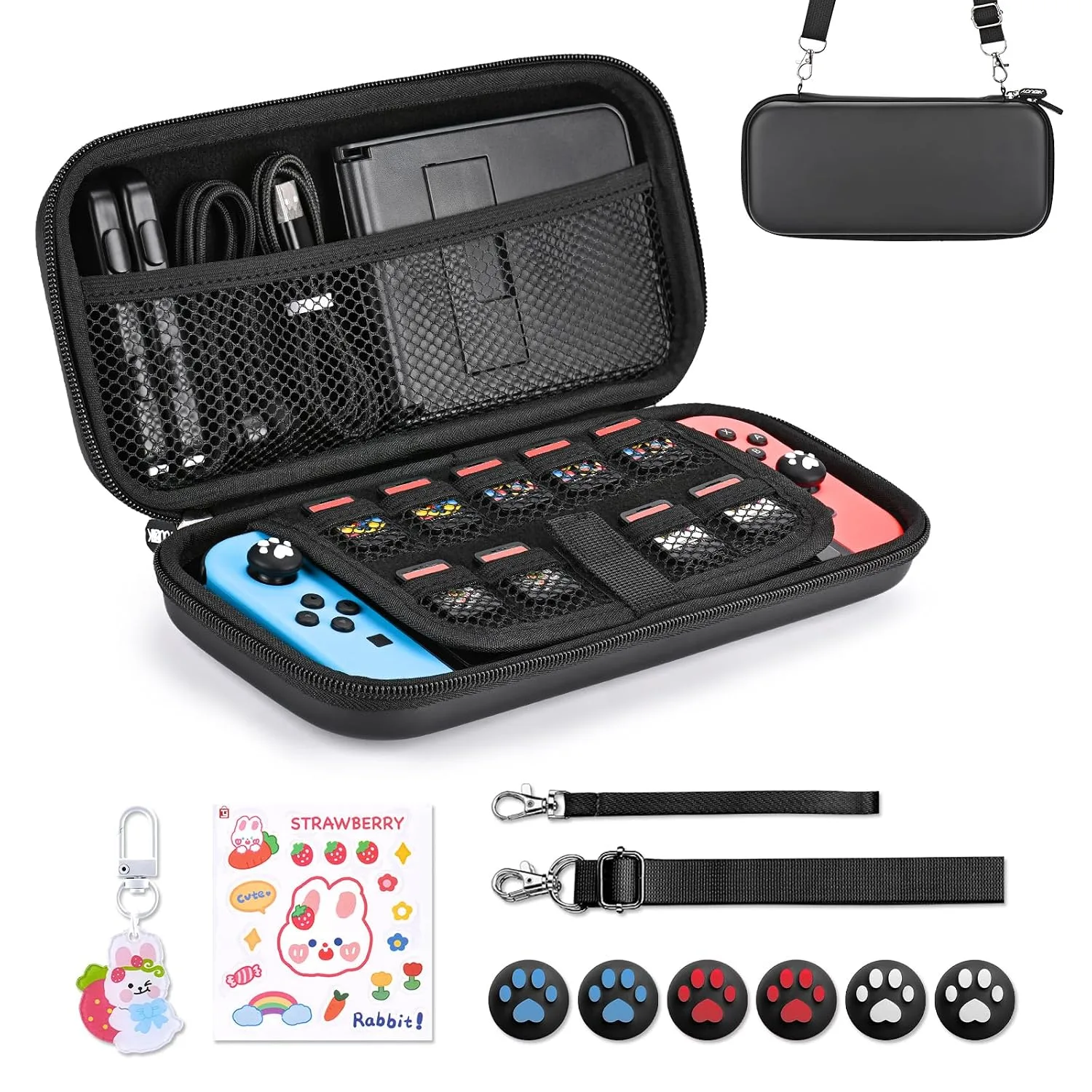 Younik Switch Case for NS Switch and Switch OLED, 11 in 1 Black Switch Accessories Kit Include Switch Carrying Case, Thumb Caps, Cute Sticker and Pendant
