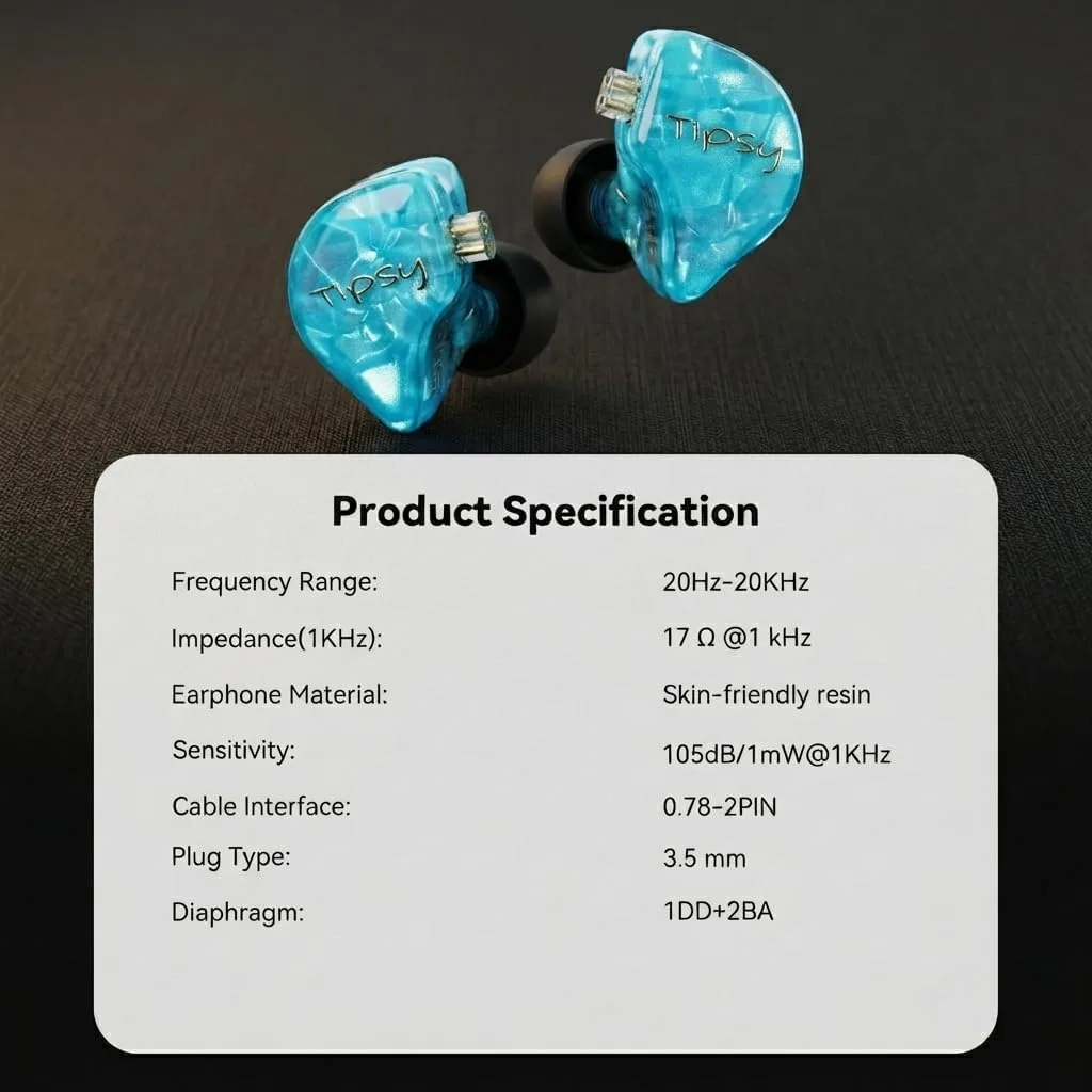Tipsy M3 Professional IEM for Musicians, 2BA + 1DD Drivers, 36dB PNC, IPX5, Acoustic-Runway™ Technology, Skin-Friendly Resin, Detachable 0.78mm 2-pin Cable (B-Blue)