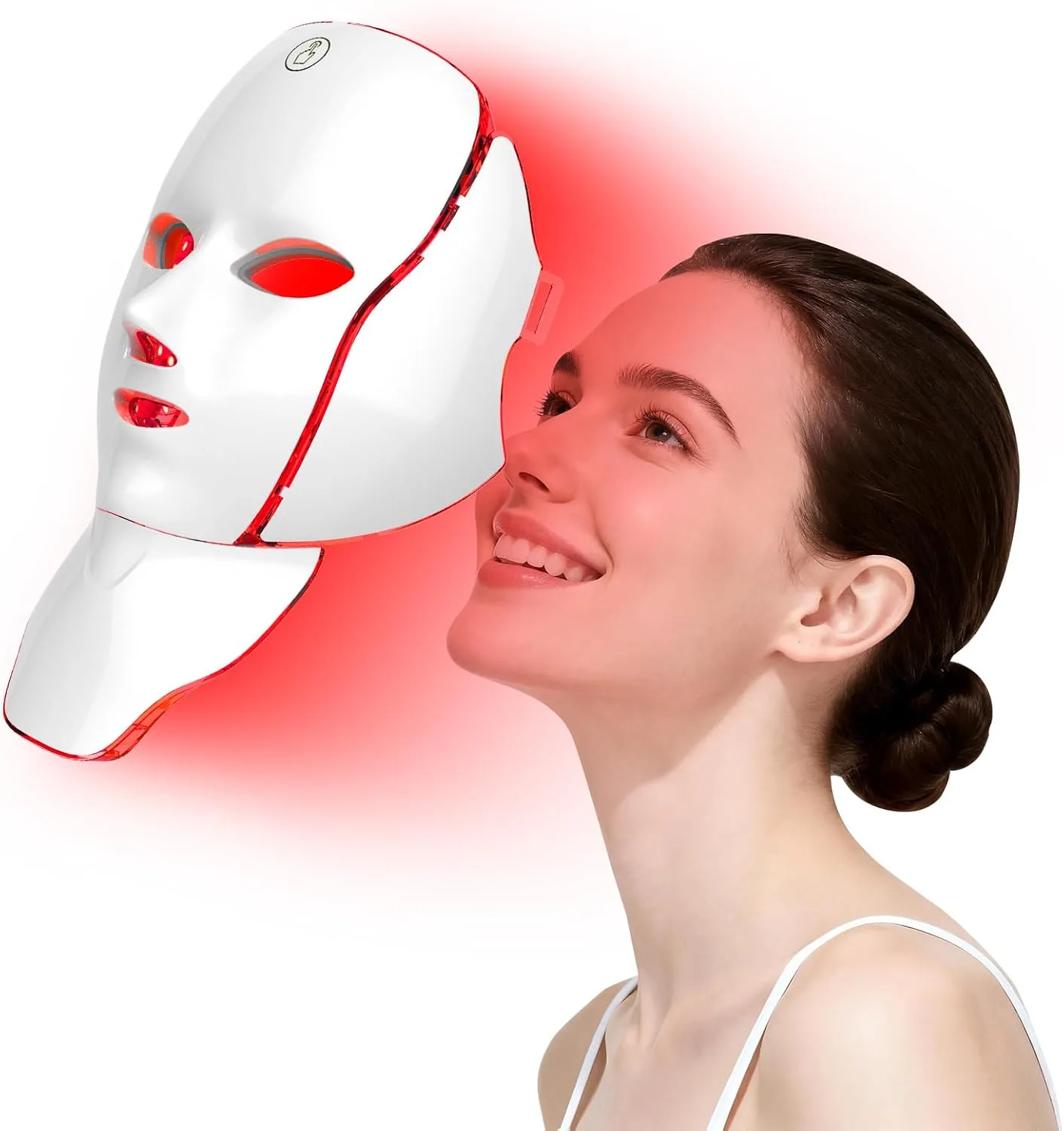 LED Face Mask Light Therapy - Gen 2 Ultra-Lightweight Face & Neck Red Light Therapy Device - Detachable Neck Piece & 7 Color Photon Skin Care Shield - Wireless & Portable Home Spa (Glossy White)