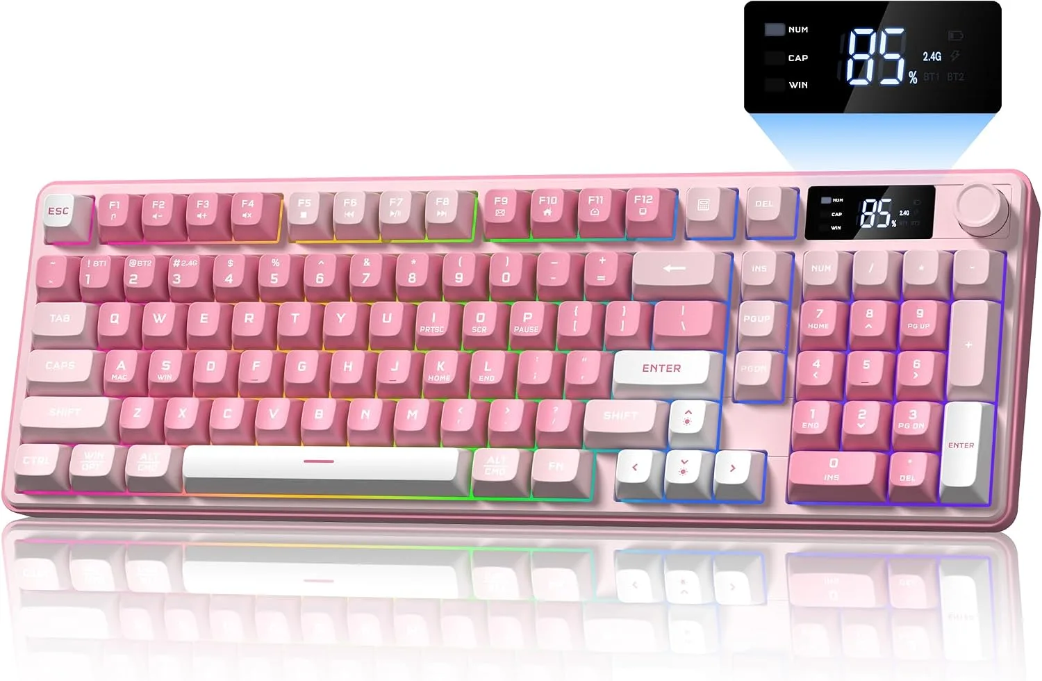 Keymatic Gaming Keyboard Wireless Creamy Keyboard with Media Knob & Screen Cute Keyboard Mechanical Feeling Membrane Keyboard with Number Pad RGB Backlit Tri-Mode BT/2.4GHz/USB-C - Pink