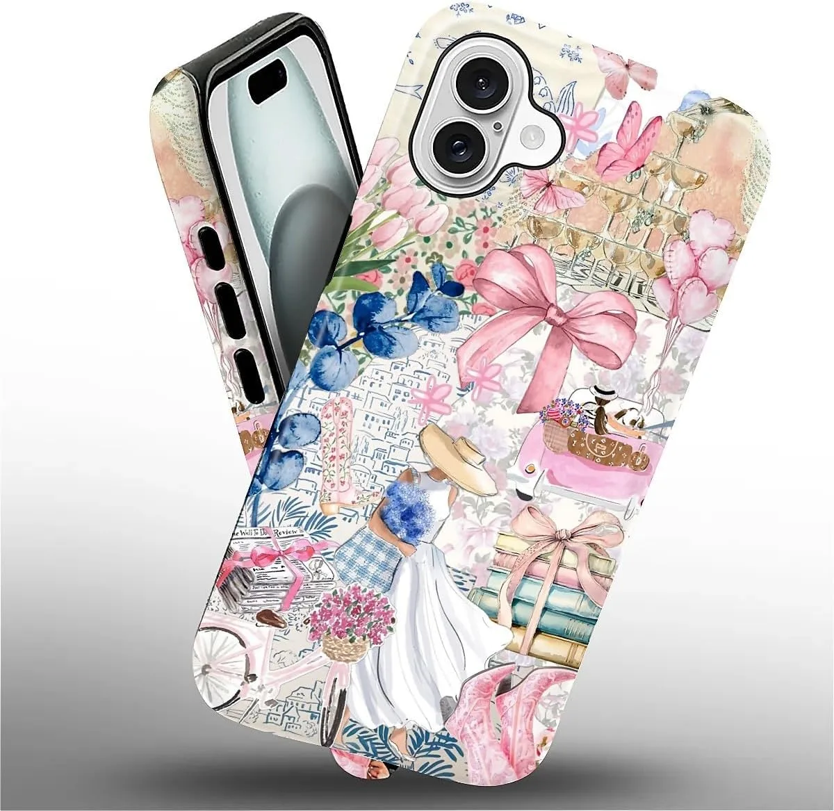DAIZAG Case for iPhone 16 Plus,Mixed 2 Layer Design Shockproof Soft TPU Ddouble Protection Phone Case for iPhone 16 Plus-Magazine Books Flower Bow Collage