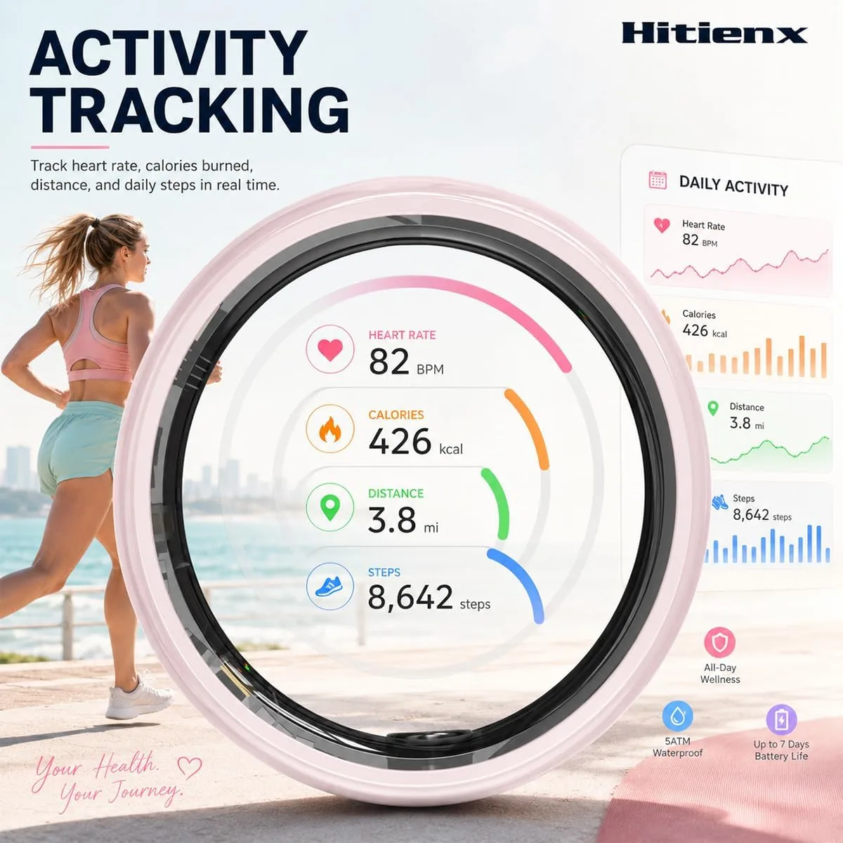 Ceramic Smart Ring 4 for Women, Sleep & Fitness Tracker (Pink, 9)