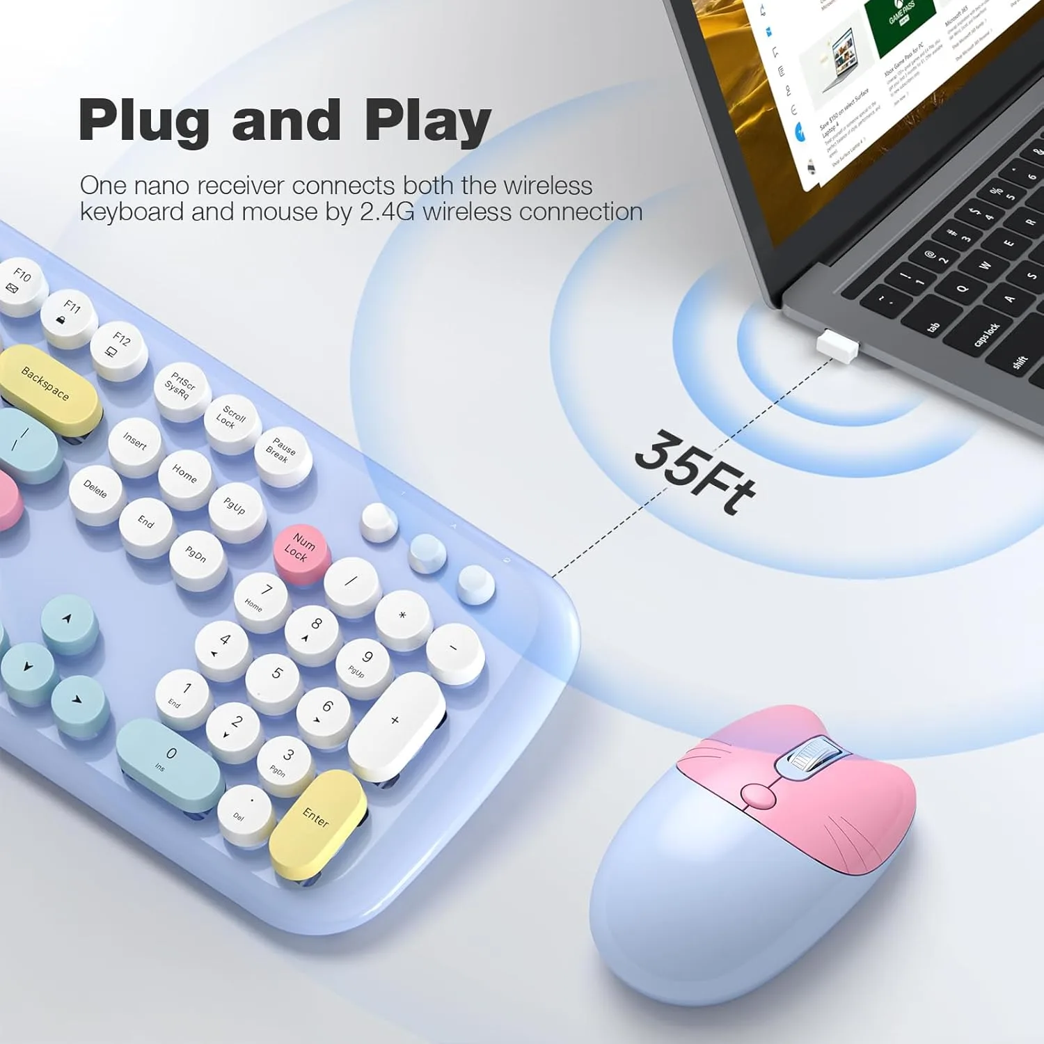 Wireless Keyboard and Mouse Combo, 2.4G Retro Typewriter Keyboard with Number Pad and Cute Ambidextrous Wireless Mouse for Computer Laptop