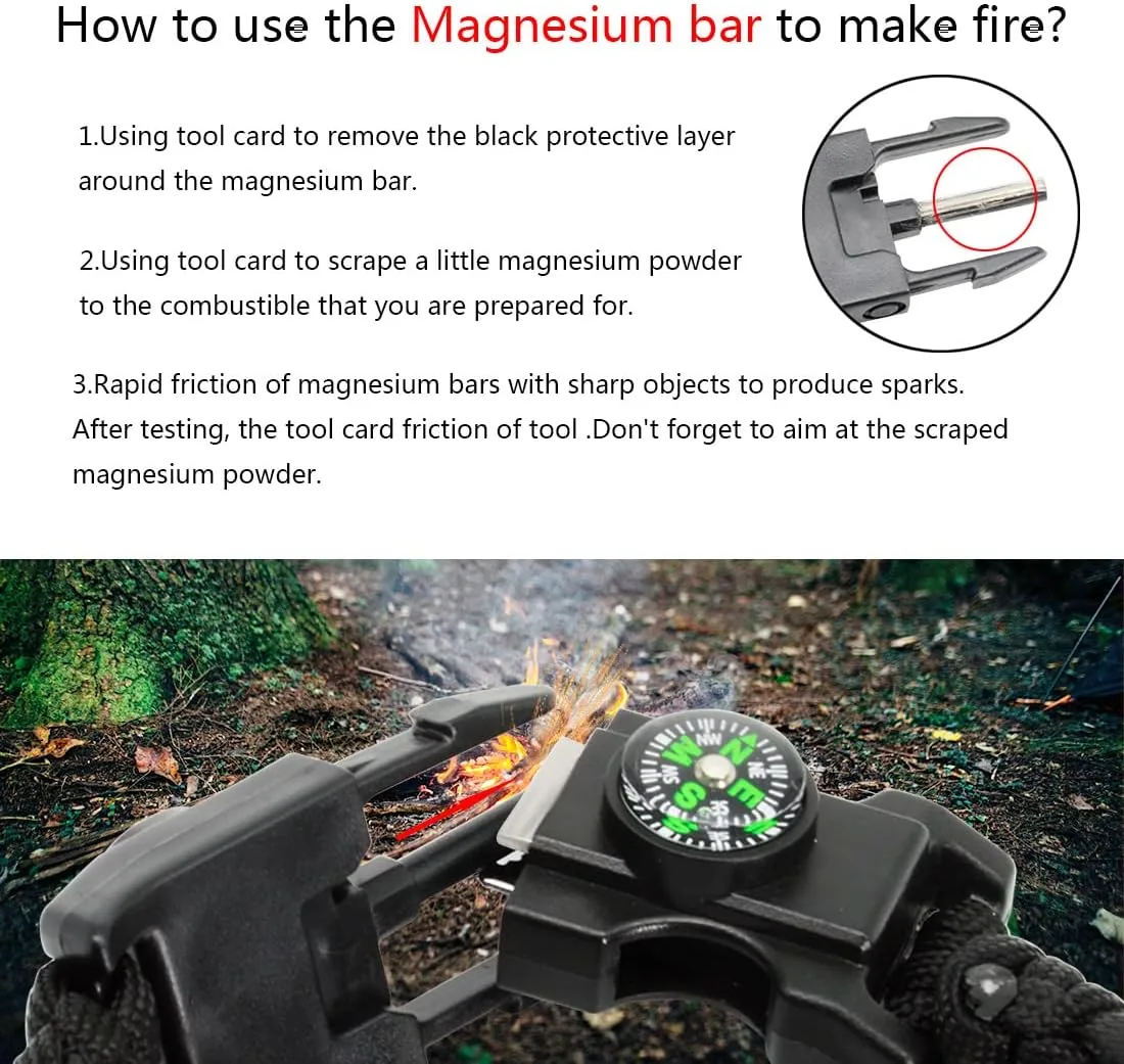 20 in 1 Survival Paracord Bracelet Adjustable Gear Kit with SOS LED Light, Fire Starter, Bigger Compass, Survival Whistle, Perfect for Camping, Hiking, Fishing