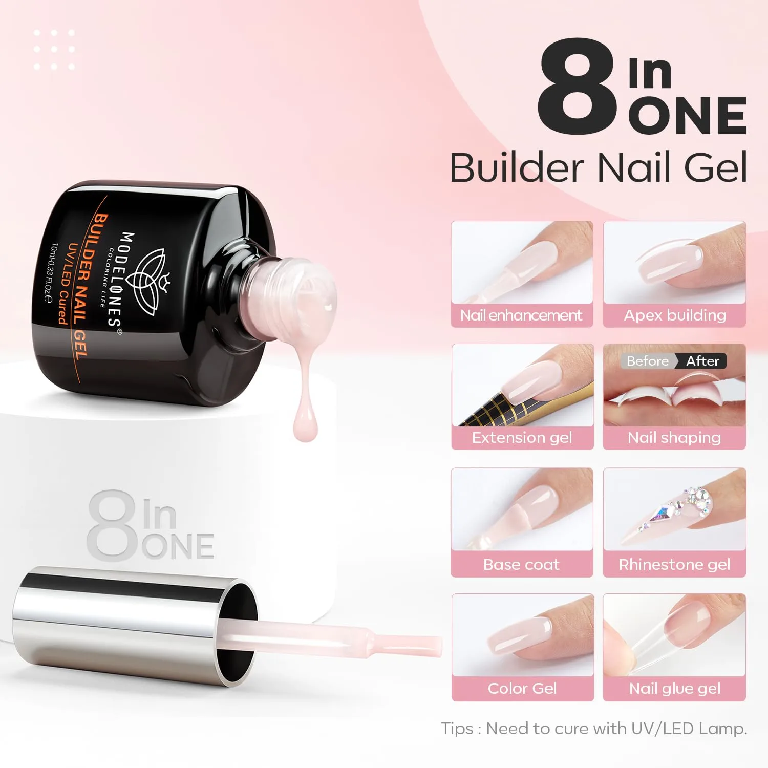 modelones Builder Nail Gel, 2 Pcs Clear and Cover Nude Builder Base Coat