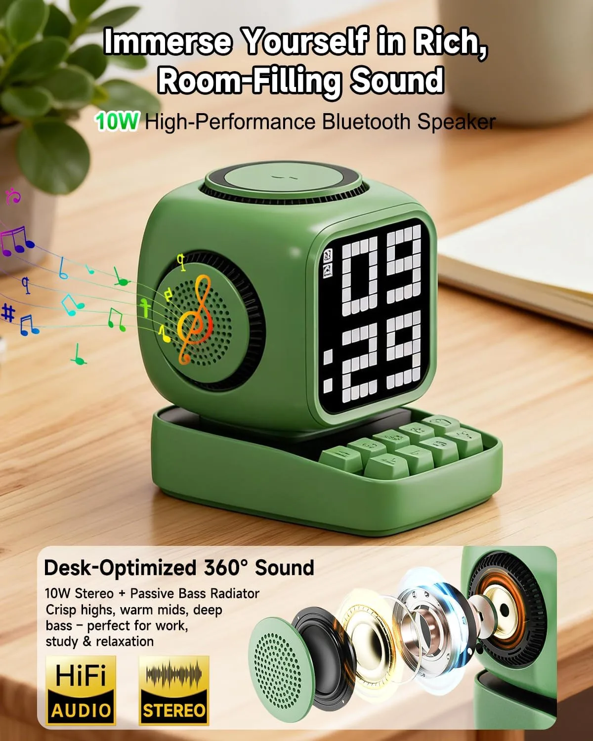 Retro Robot 5-in-1 Bluetooth Speaker: 15W Wireless Charger, Pixel LED Screen, 10W Stereo Sound & 15 White Noise, Alarm Clock, Cute Portable Wireless Speaker for Bedroom Desk Office, Birthday Gifts