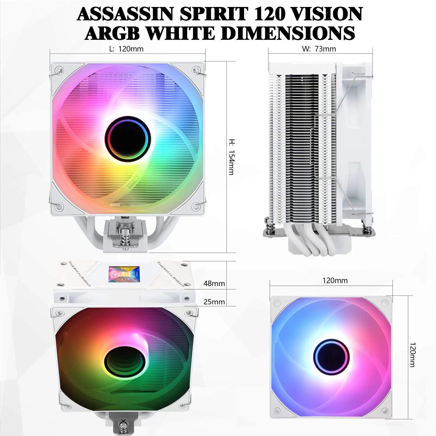Thermalrlght Assassin Spirit 120 Vision ARGB White CPU Air Cooler,Desktop Heatsink Cooler with 154mm High,PC Display Screen Cooler of 1.54in,240*240 Resolving Power,for LGA1851/1700,AM5,CPU Radiator