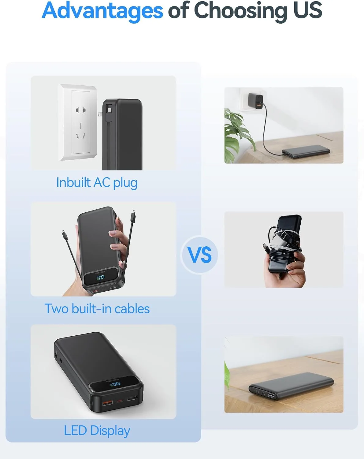 aonidi Portable Charger 20000mAh with Built-in Cables&AC Wall Plug, Black