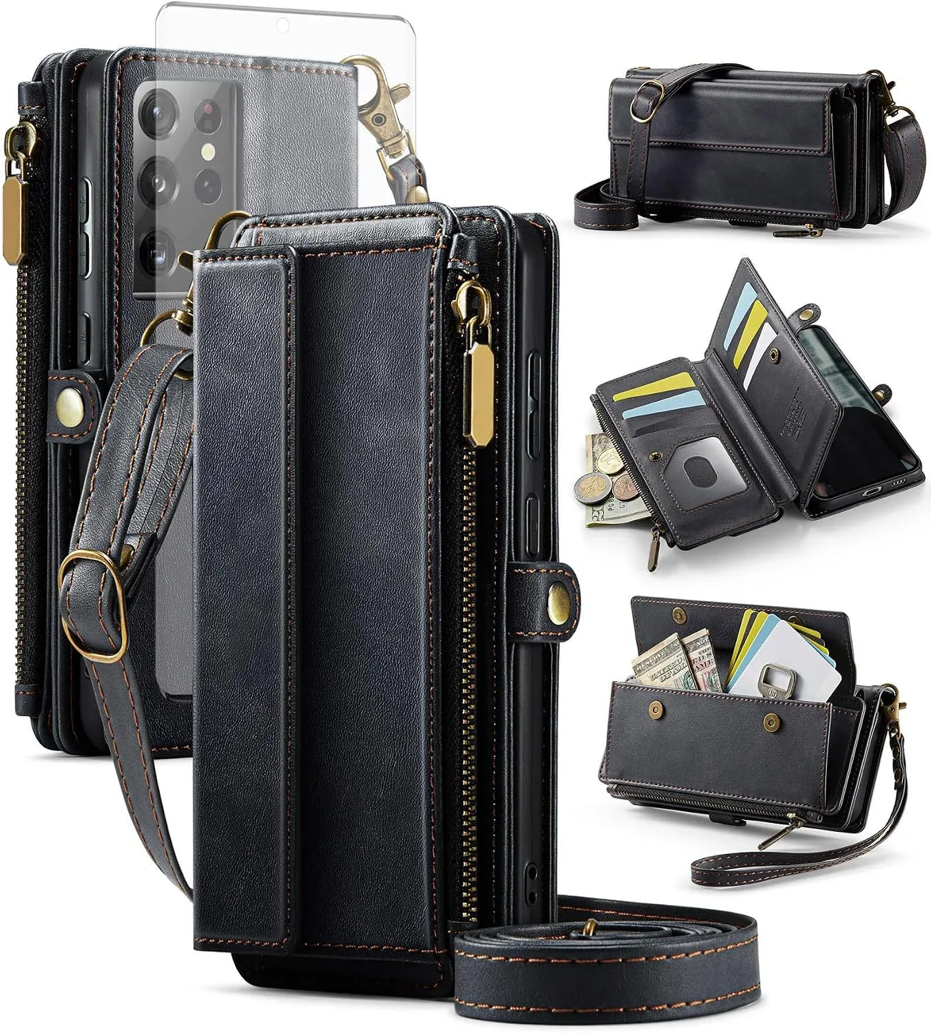 Phone Case for Samsung Galaxy S21 Ultra 5G Zipper Wallet Cover with Screen Protector and Crossbody Lanyard Strap Flip RFID Blocking Card Holder Cell S21ultra 21S S 21 21ultra G5 Women Men Black