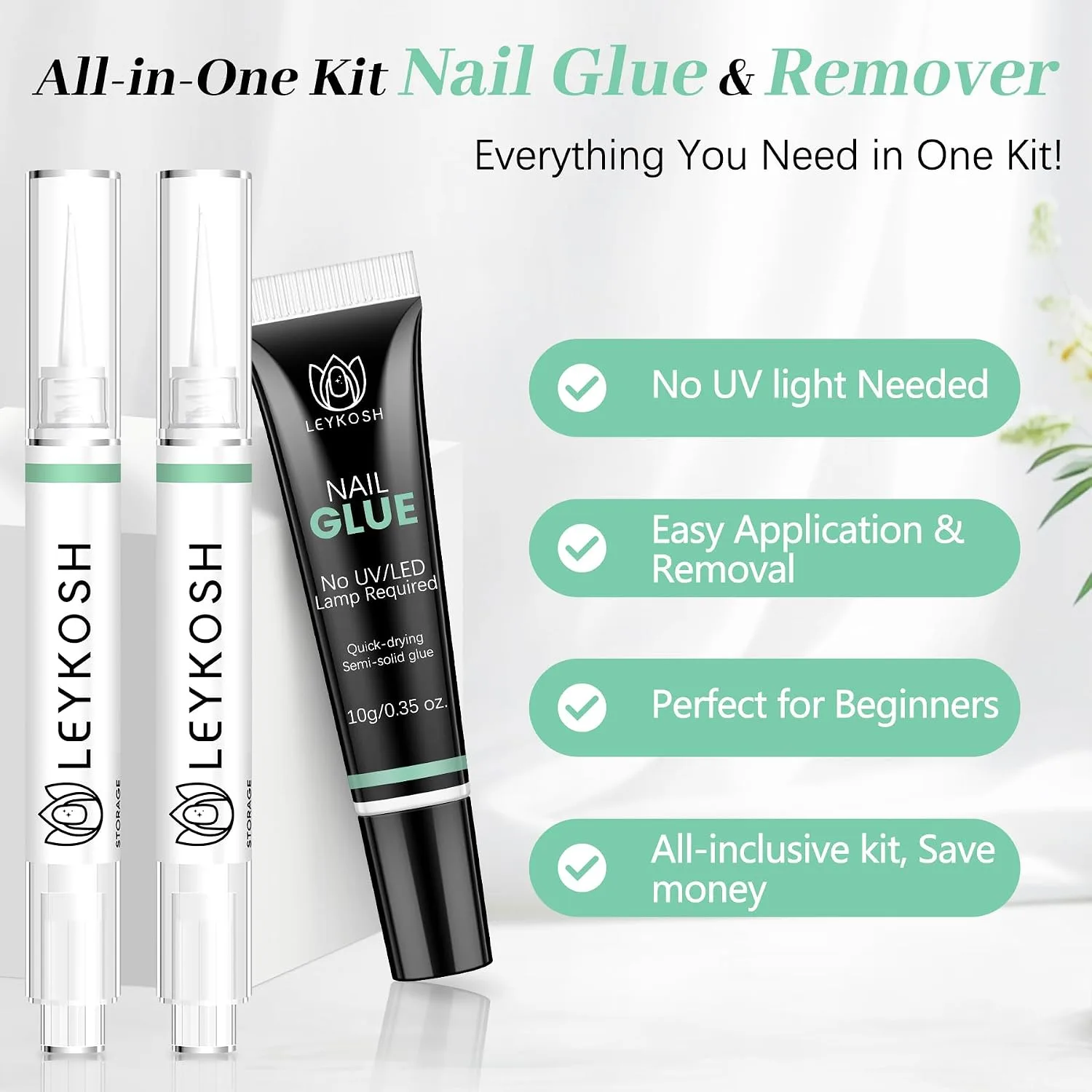 LEYKOSH Nail Glue 10g and 2 Remover Pens, No Lamp Needed Press Ons