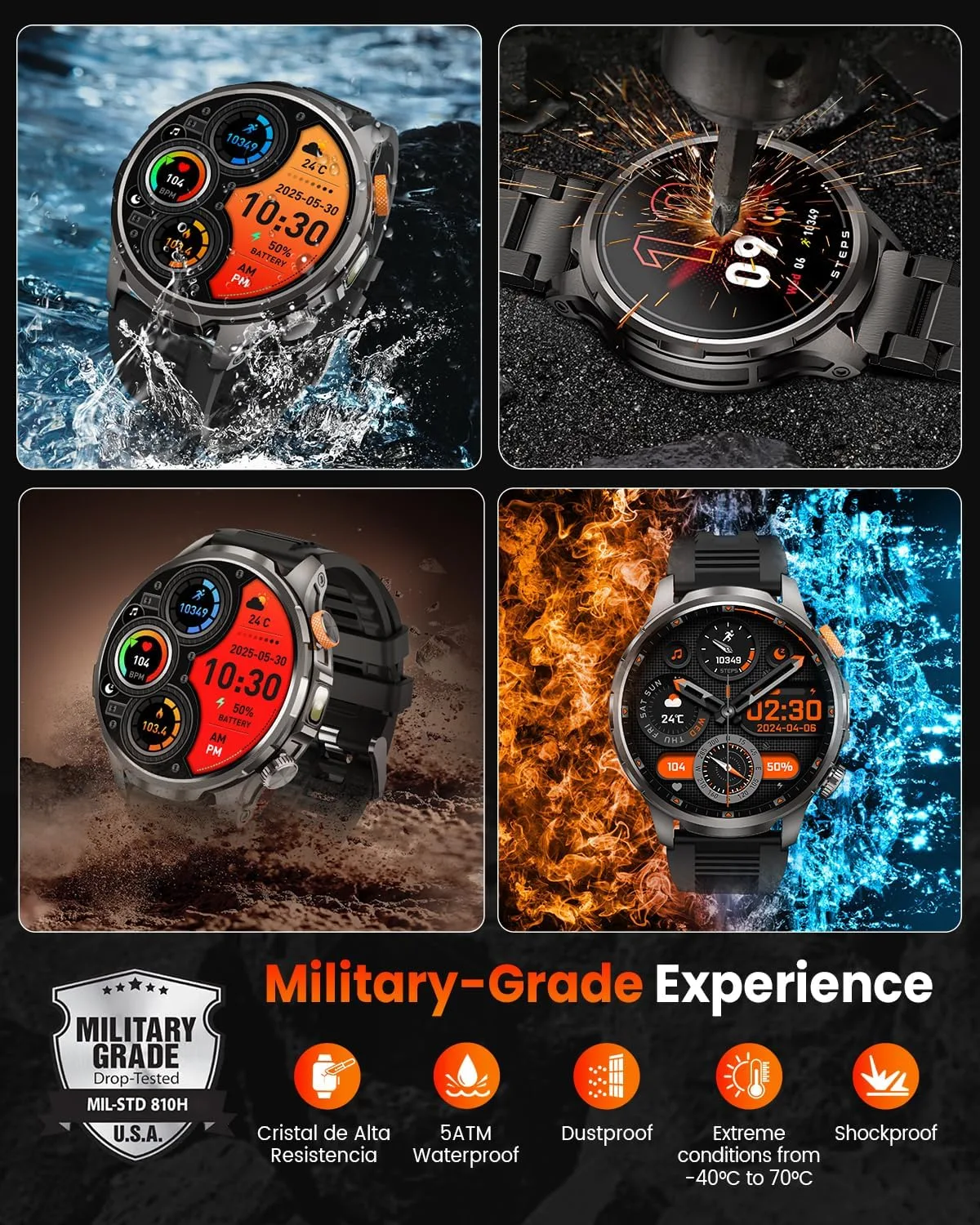 Military Smartwatch for Men 1000mAh Fitness Tracker Rugged Men Watch 2Bands