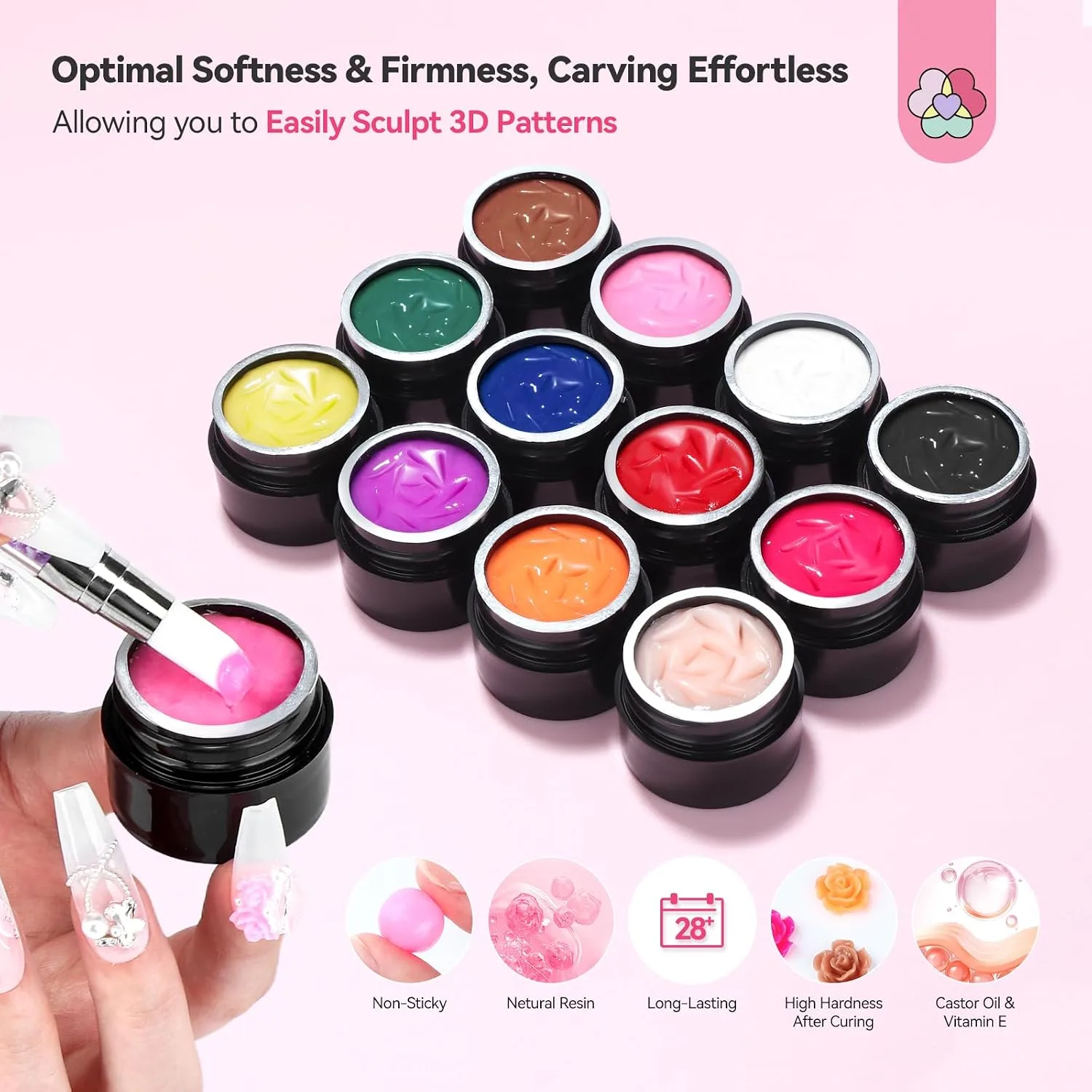 SAVILAND Non-Sticky 3D Sculpting Gel for Nail Art, 12 Colors Black White