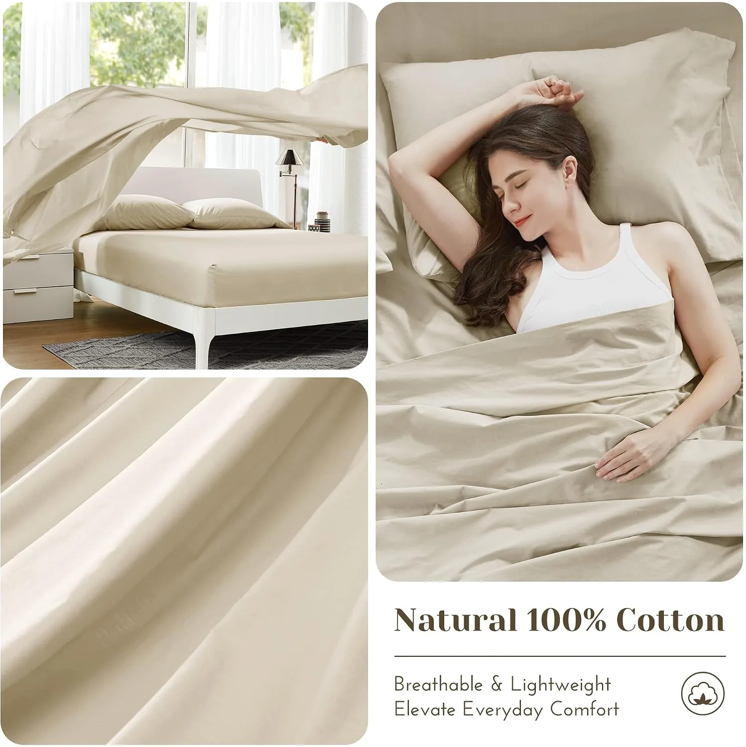 Comfort Spaces 100% Cotton Percale Sheets Queen Sheet Set 4 Pcs, Cream