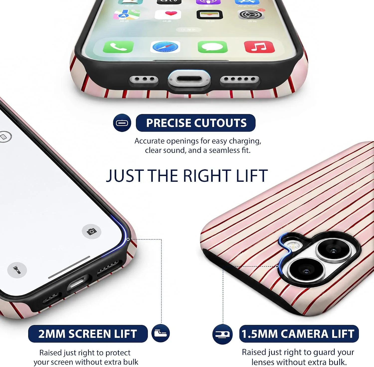 Magnetic for iPhone 16 Phone Case, Cute Pink and White Striped