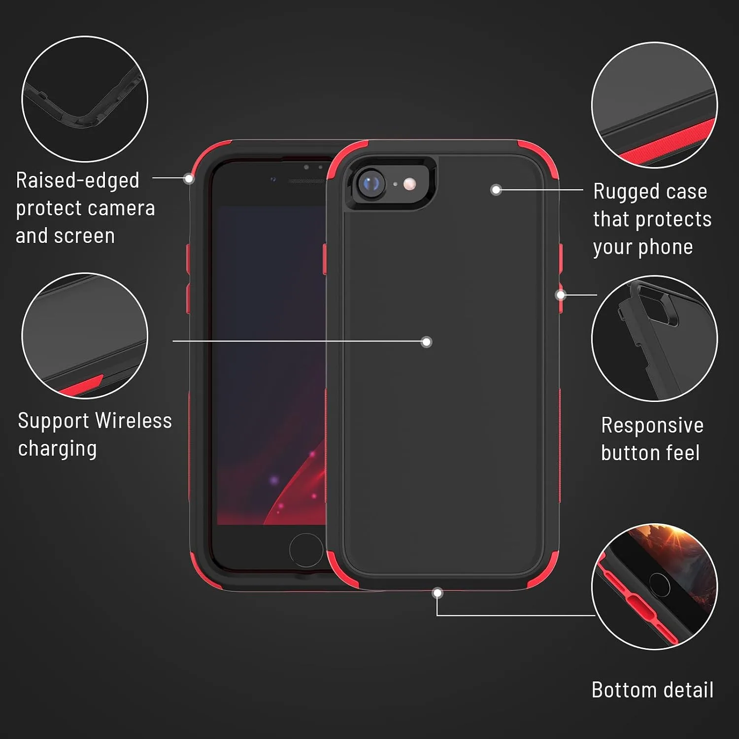 X-belmox Heavy Duty Phone Case for iPhone SE 2022 (3rd Gen), Black/Red