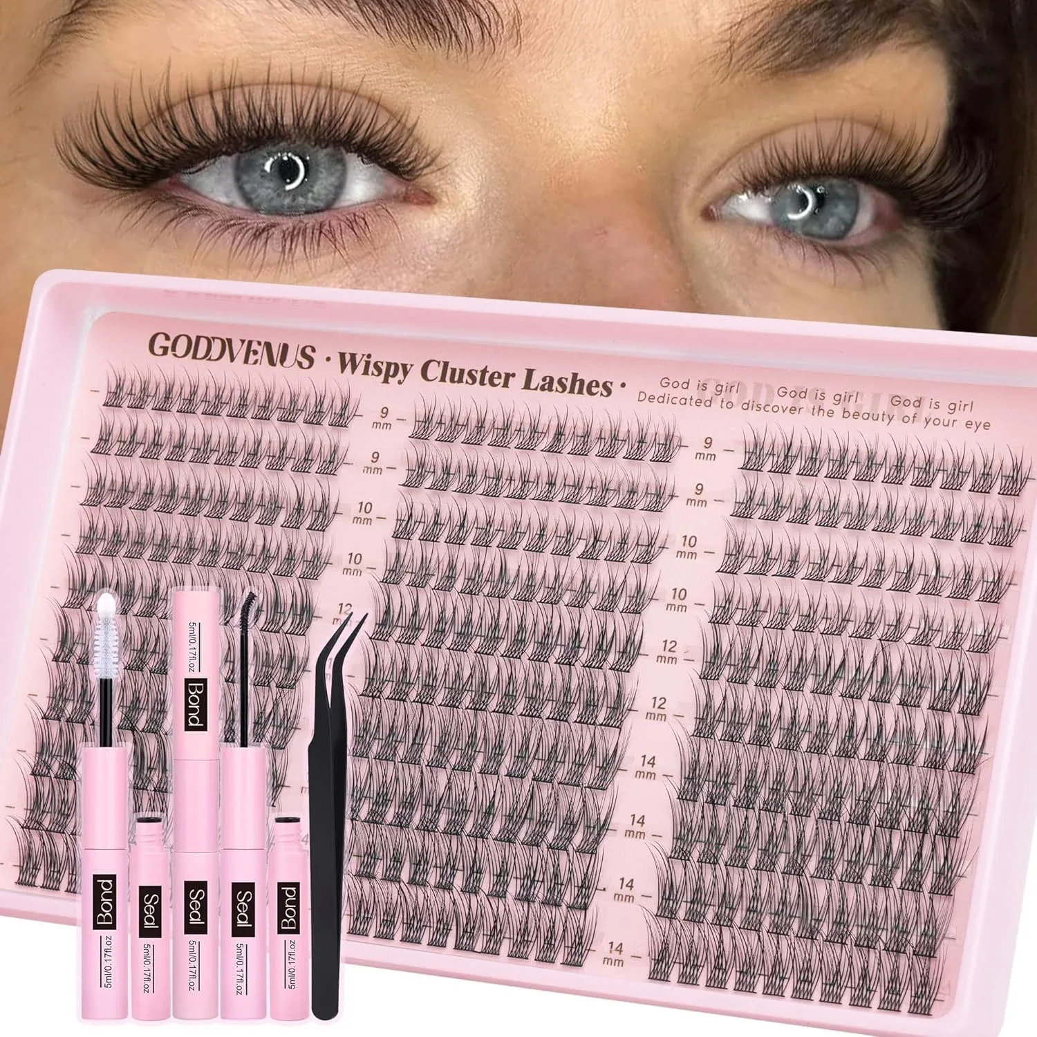 Kit de pestañas en racimos Goddvenus 9-14mm Wispy C Curl con pinzas