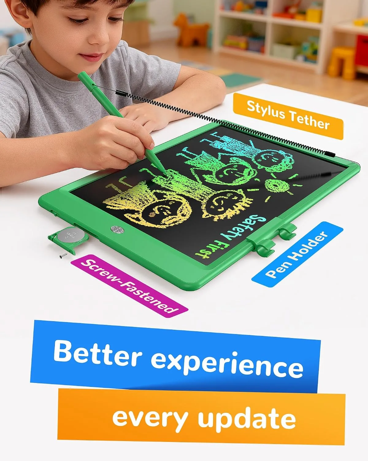 KOKODI LCD Writing Tablet, 10 Inch Colorful Toddler Doodle Board Drawing Tablet, Erasable Reusable Electronic Drawing Pads, Educational and Learning Toy for 3-6 Years Old Boy and Girls(Green)