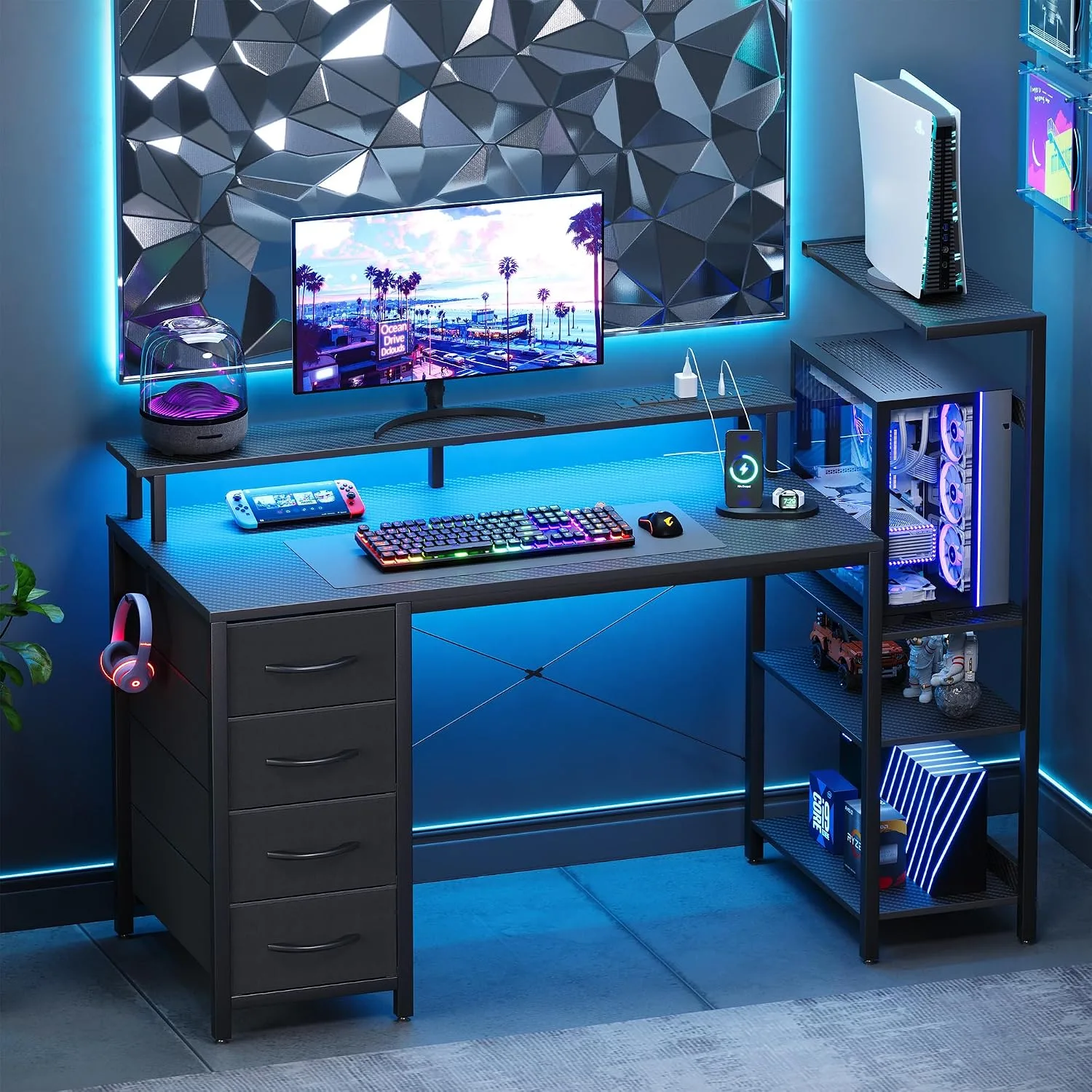 51 Inch Gaming Desk with Drawers & PC Tower Stand & LED Lights, Black