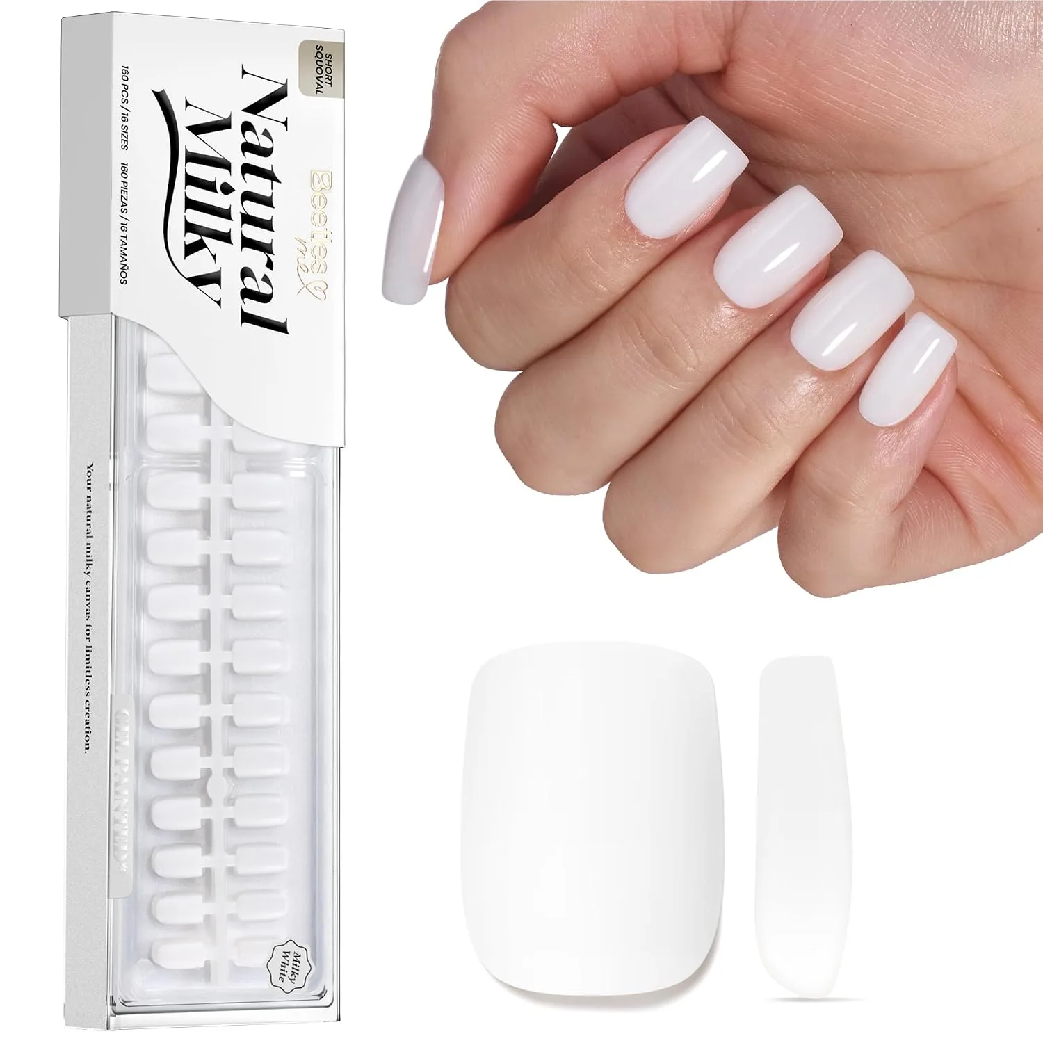 Beetles Milky White Press On Nails, 160Pcs Short Squoval Fake Nails