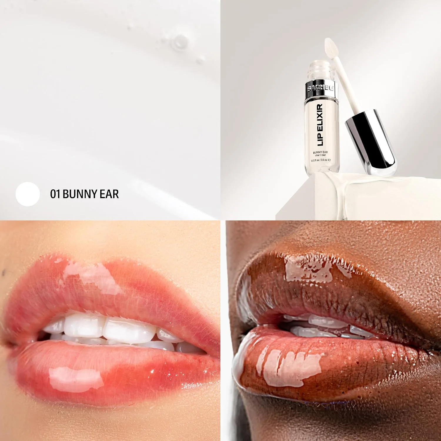 Sacheu Lip Elixir Hydrating Lip Gloss, High-Shine, Clear & Sheer Pink
