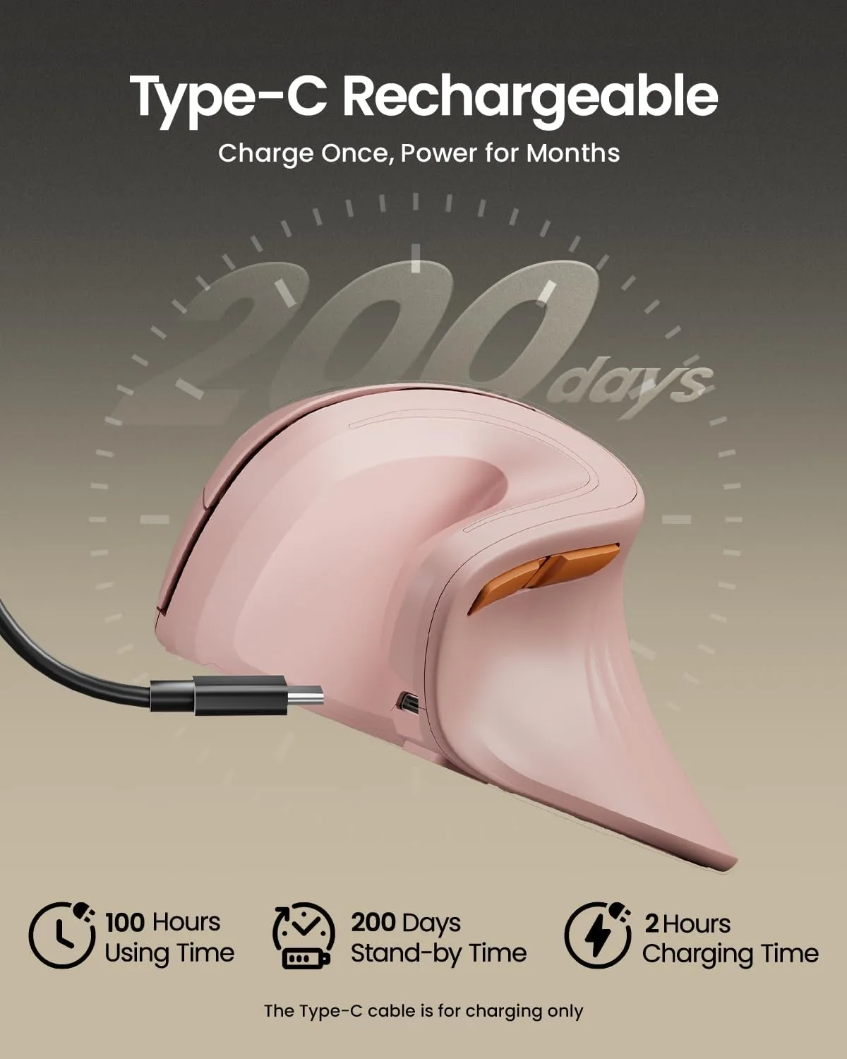 ProtoArc EM11 NL Wireless Ergonomic Vertical Mouse, Rechargeable, Pink