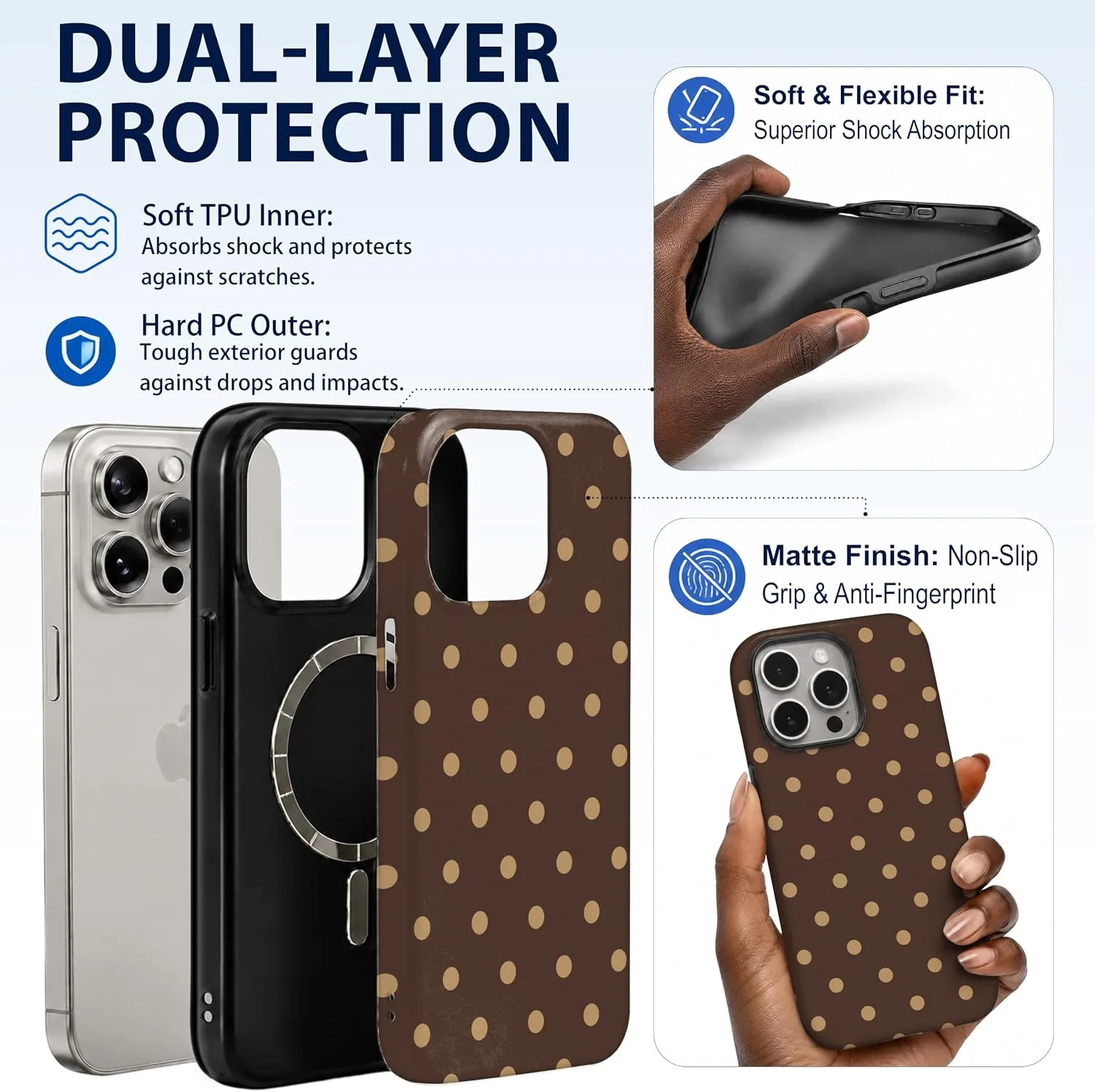 Magnetic for iPhone 15 Pro Phone Case, Brown and Cream Polka Dot