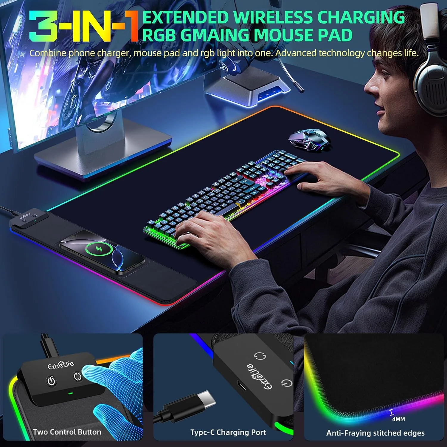 Mouse Pad with Wireless Charging, Large Desk Mat with Adapter, 31.5"x15.7"